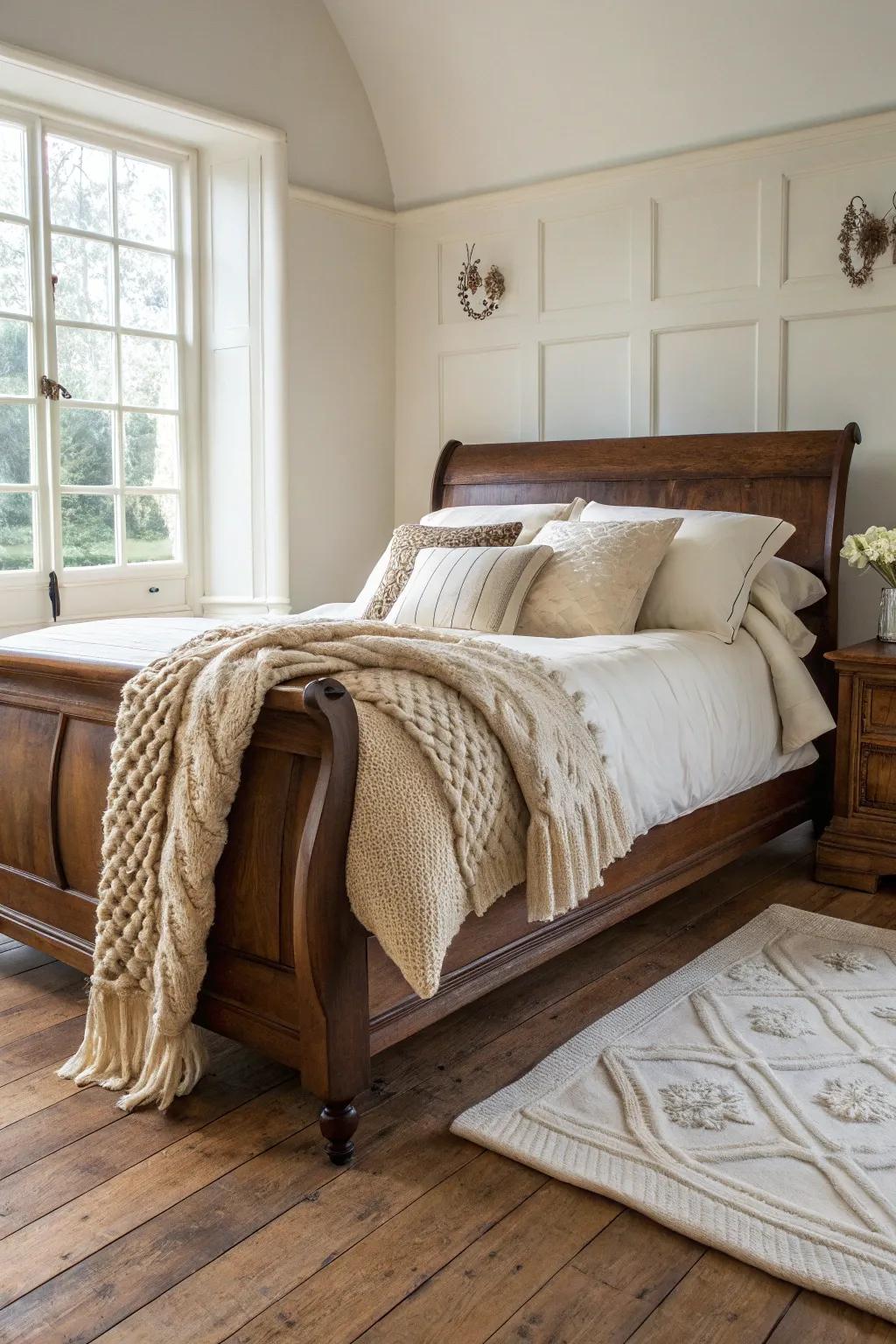 Creamy, cozy bedding layers that soften a dark wood sleigh bed into a hotel-level focal point.