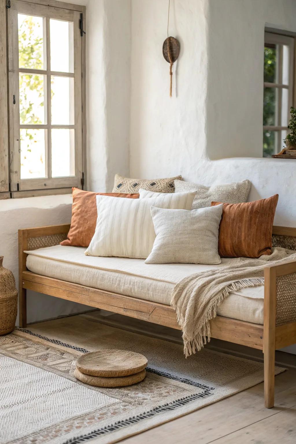 Cozy daybed formula: big-back pillows, medium middle, and a small accent for a lived-in look.