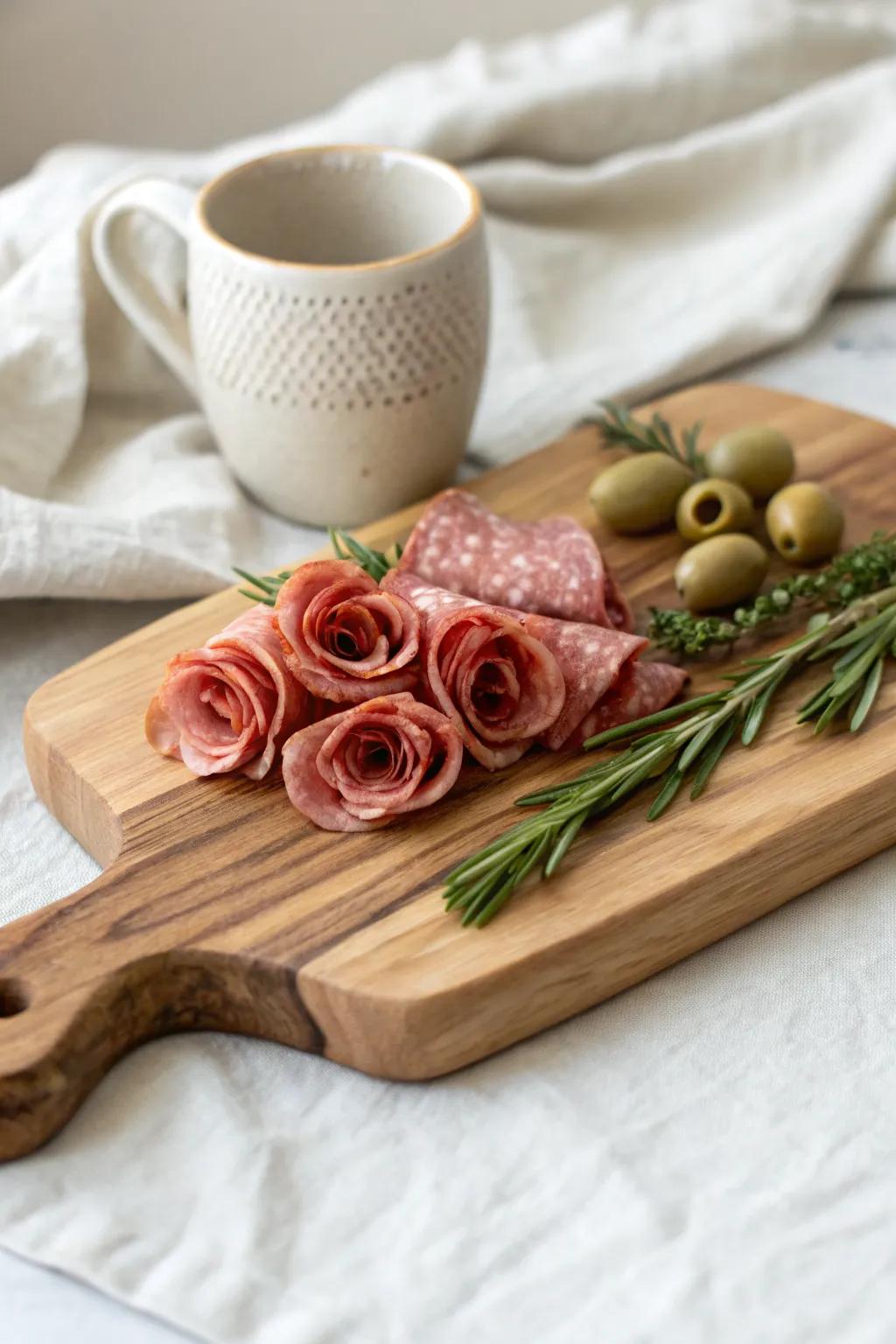 Salami rose clusters that instantly elevate your charcuterie board with floral, styled charm.