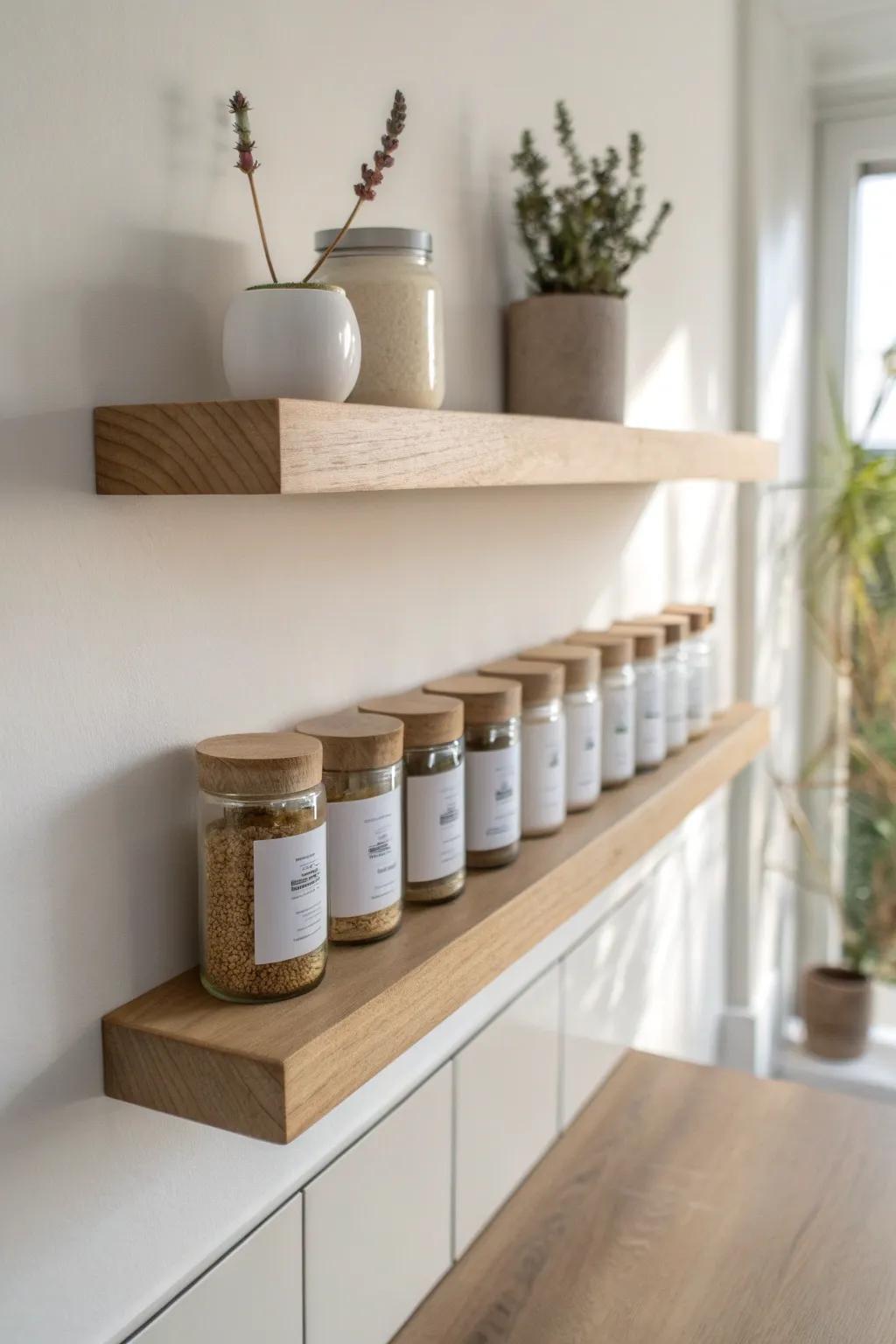 Floating oak ledge shelf with matching labeled spice jars—minimal, calm, and handmade.