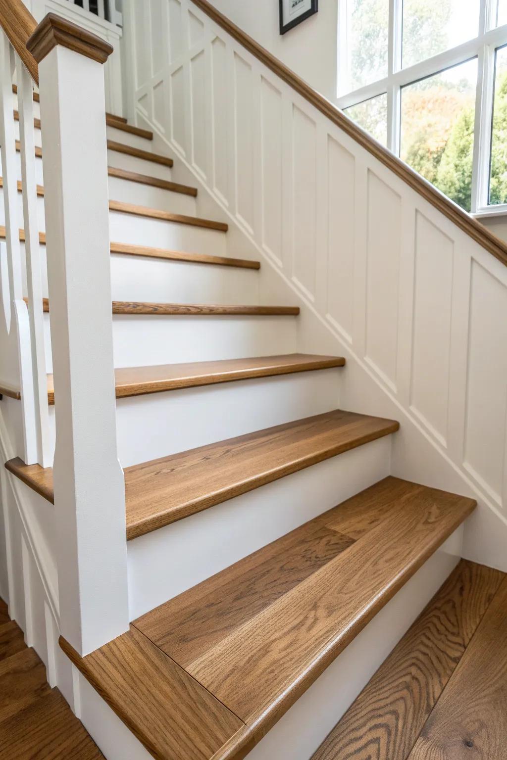 Warm stained stringer cladding matched to wood treads for a seamless, furniture-like staircase.