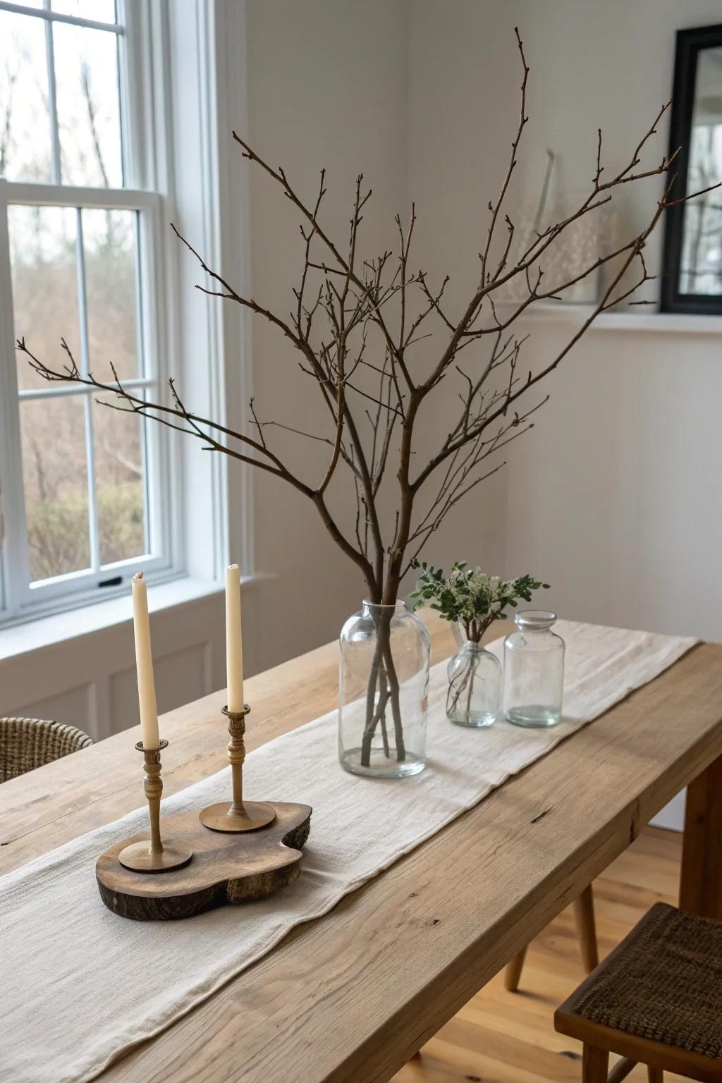 A simple branch centerpiece: natural wood, soft candles, and bud vases for cozy minimal style.