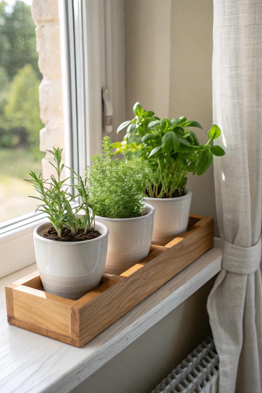 A cedar herb tray turns a deep window sill into a clean, sunlit mini kitchen garden.