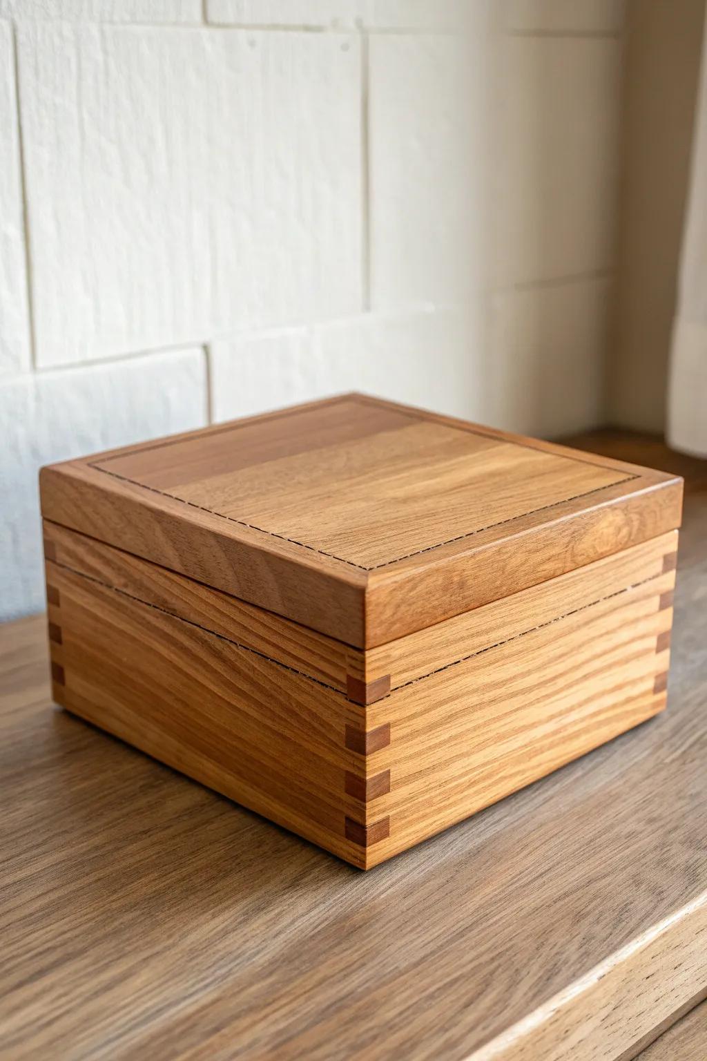 Mitered walnut box with maple splines—minimal, modern, and beautifully crafted.