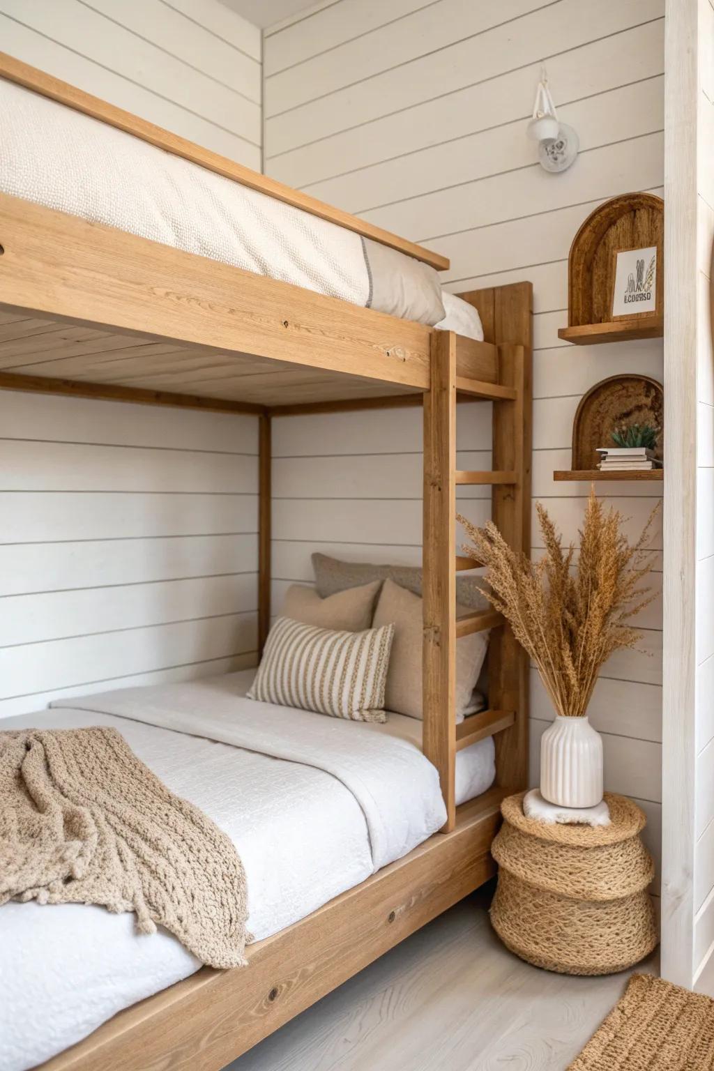 Shiplap-backed bunk cubby with warm oak ledge—minimal, cozy, and designer-level texture.