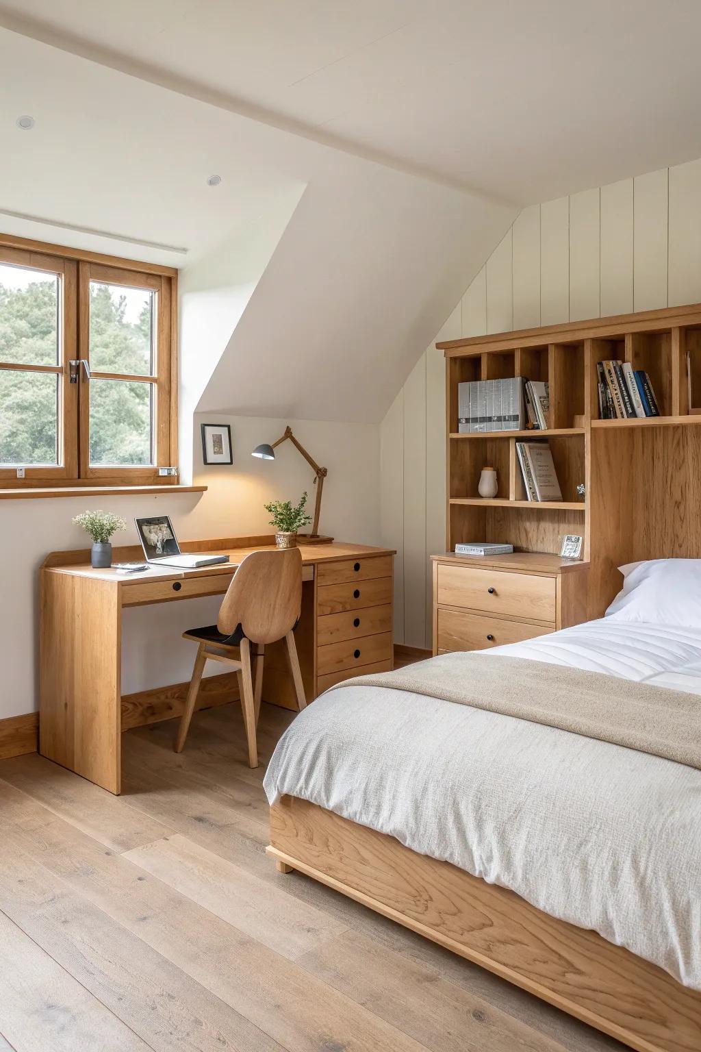 Floating bed + behind-headboard desk divider: a calm, crafted way to zone a studio space.