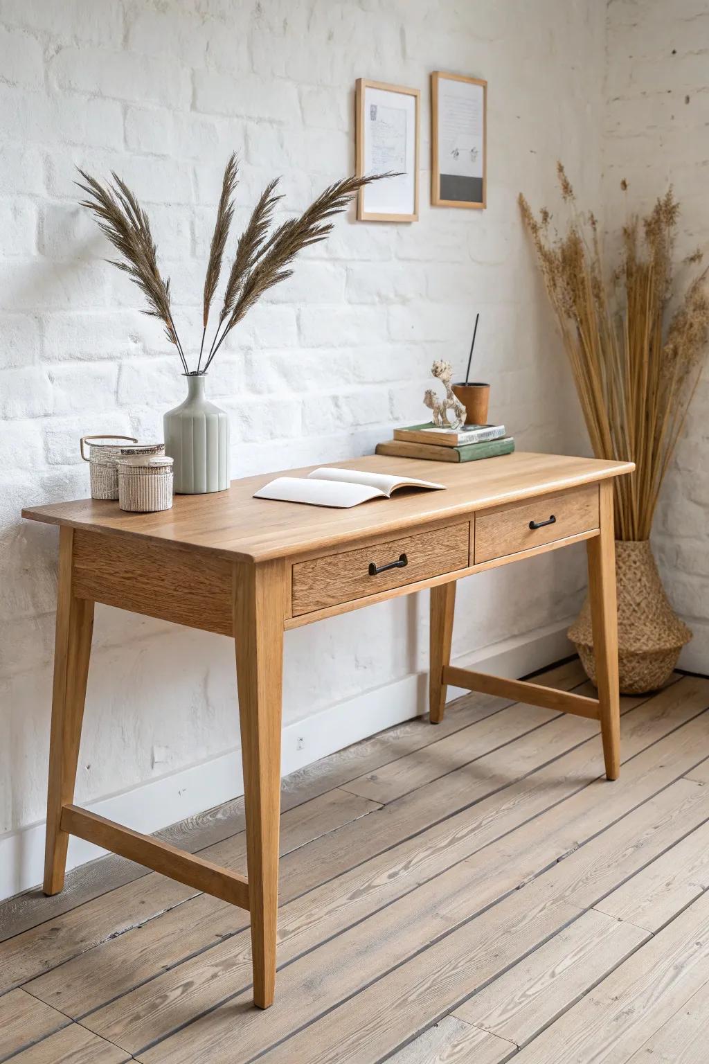 Solid wood top + twin drawer bases: a simple, storage-rich desk with a hidden anti-slip cleat.