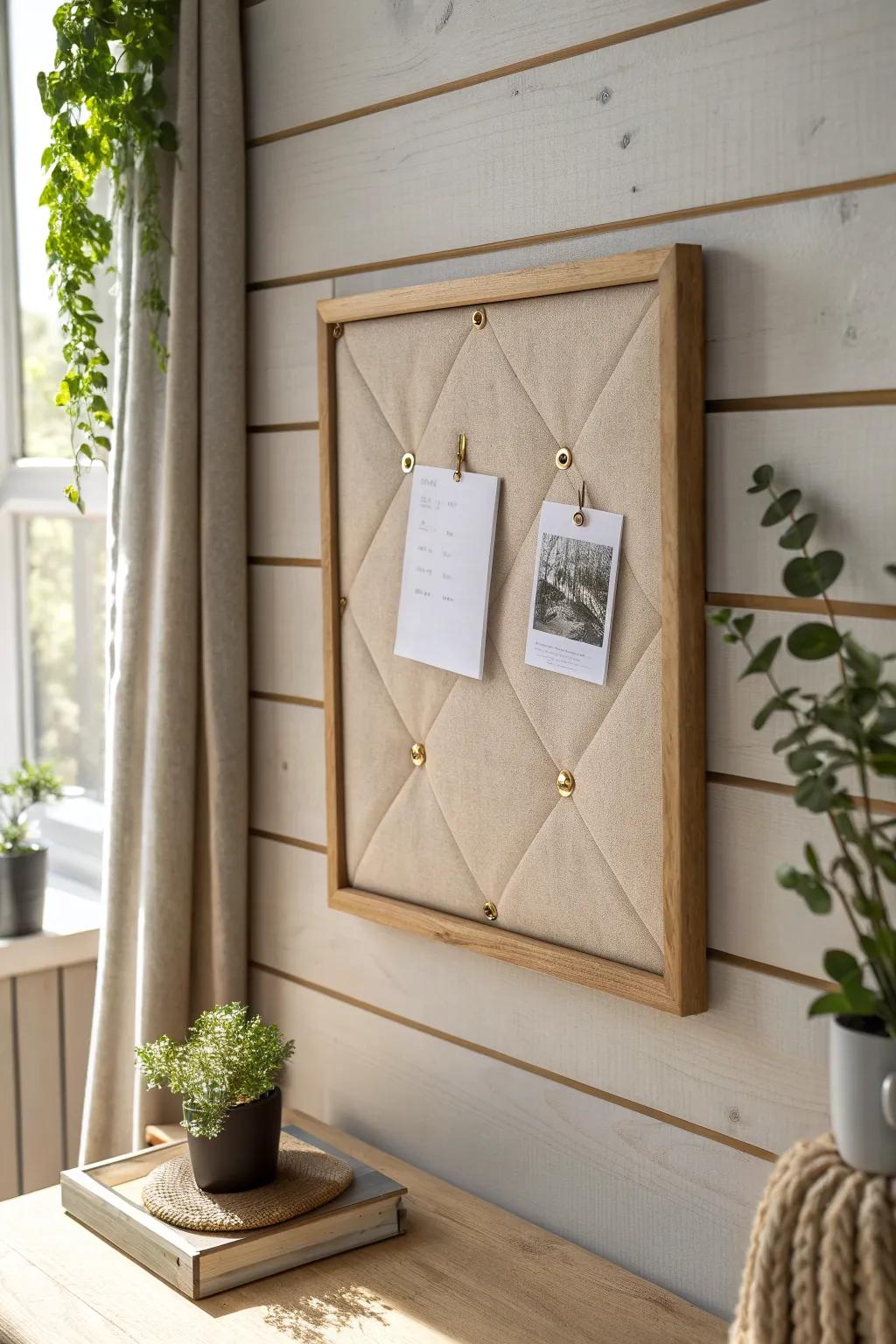 Linen-wrapped oak pin board—soft, cozy, and turns even messy desk notes into decor.