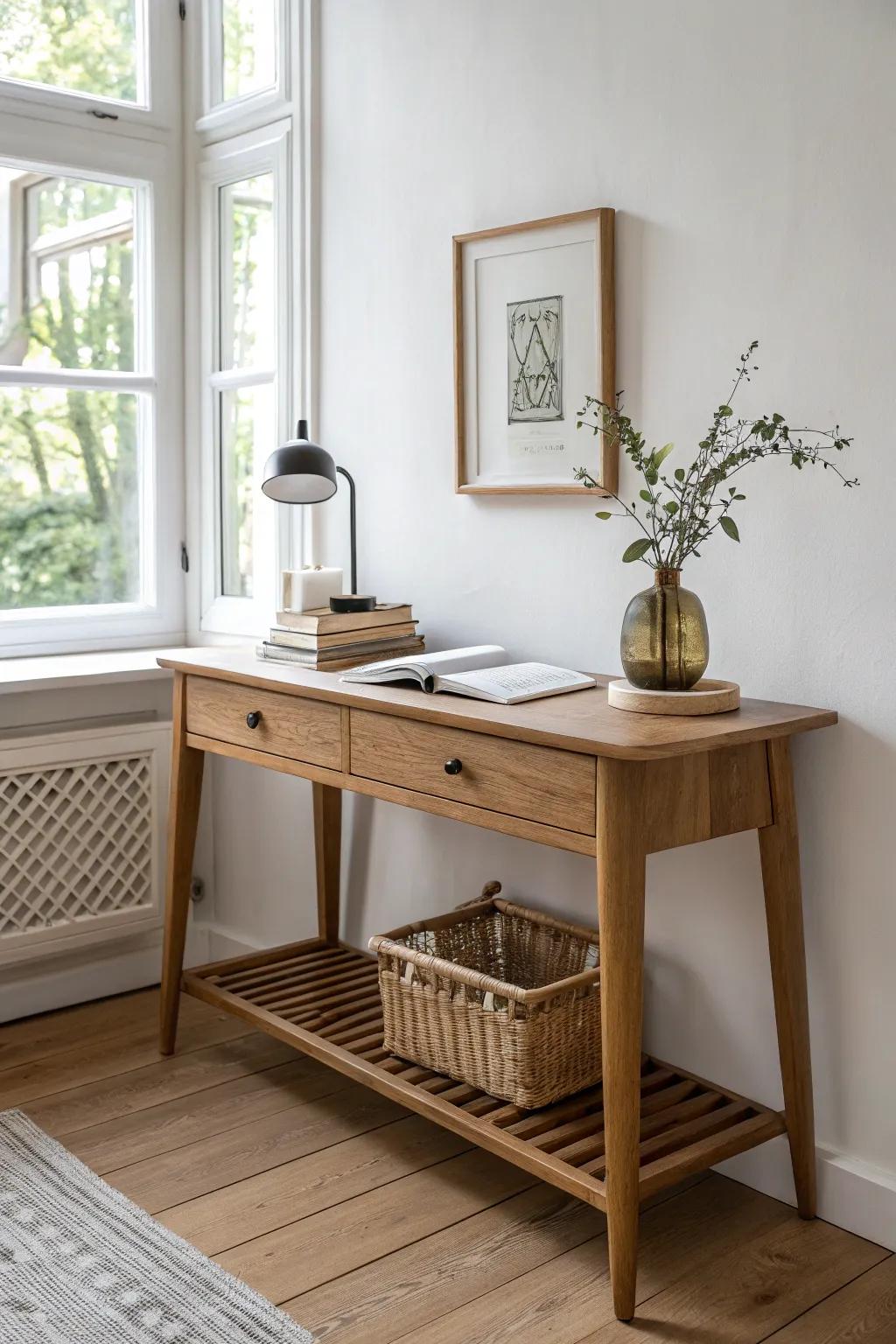 Slim window-facing wooden desk—sunlit, airy, and made for a calm bedroom workspace.