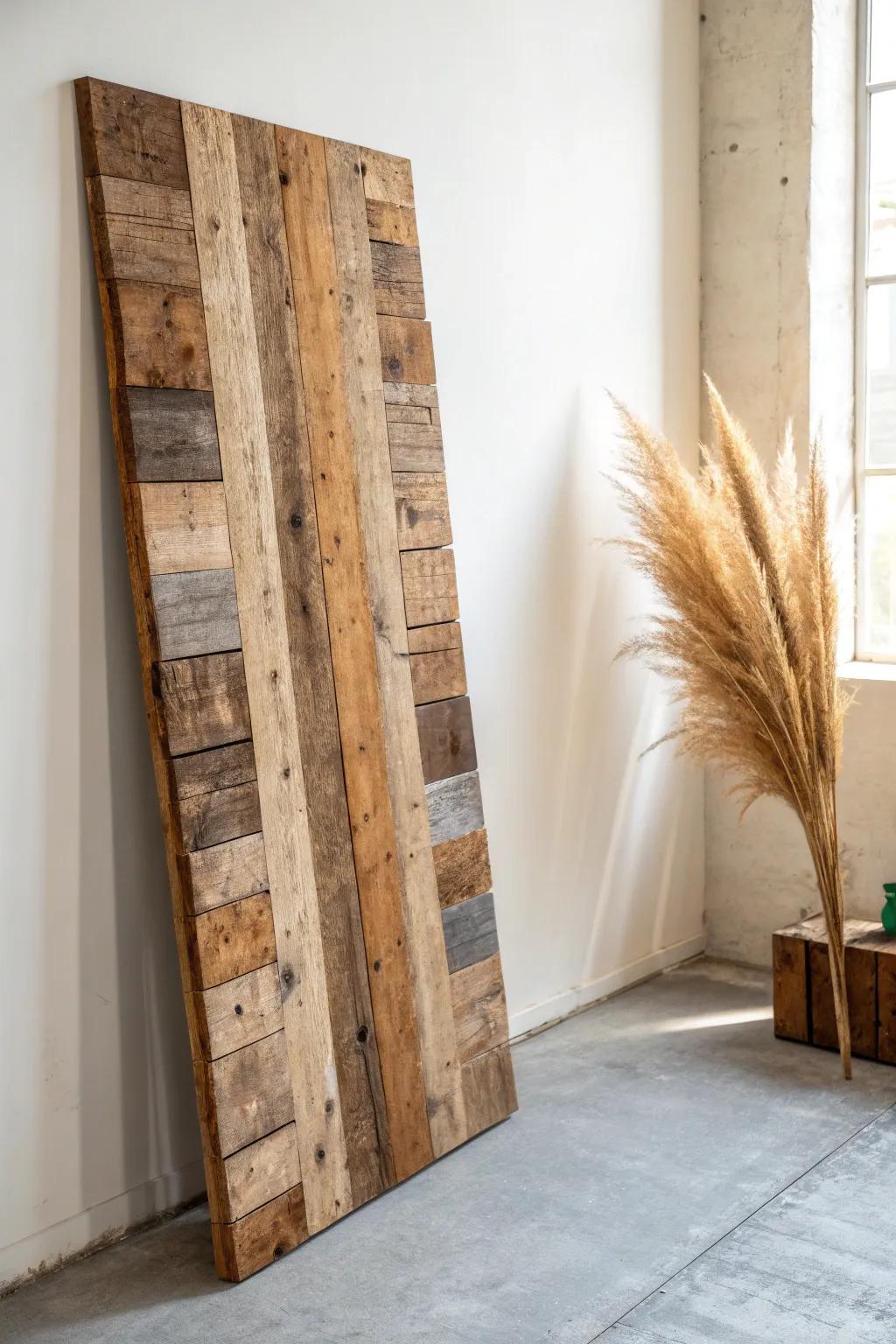 Reclaimed wood accent wall warmth—rustic texture and clean Scandinavian contrast.