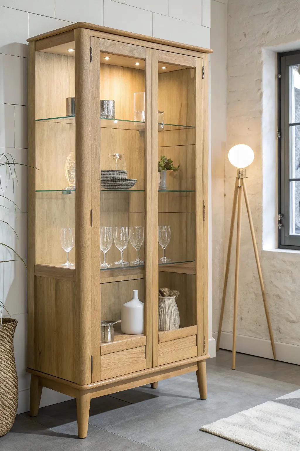 Top-mounted puck lights turn this oak display cabinet into a softly spotlit glassware showcase.
