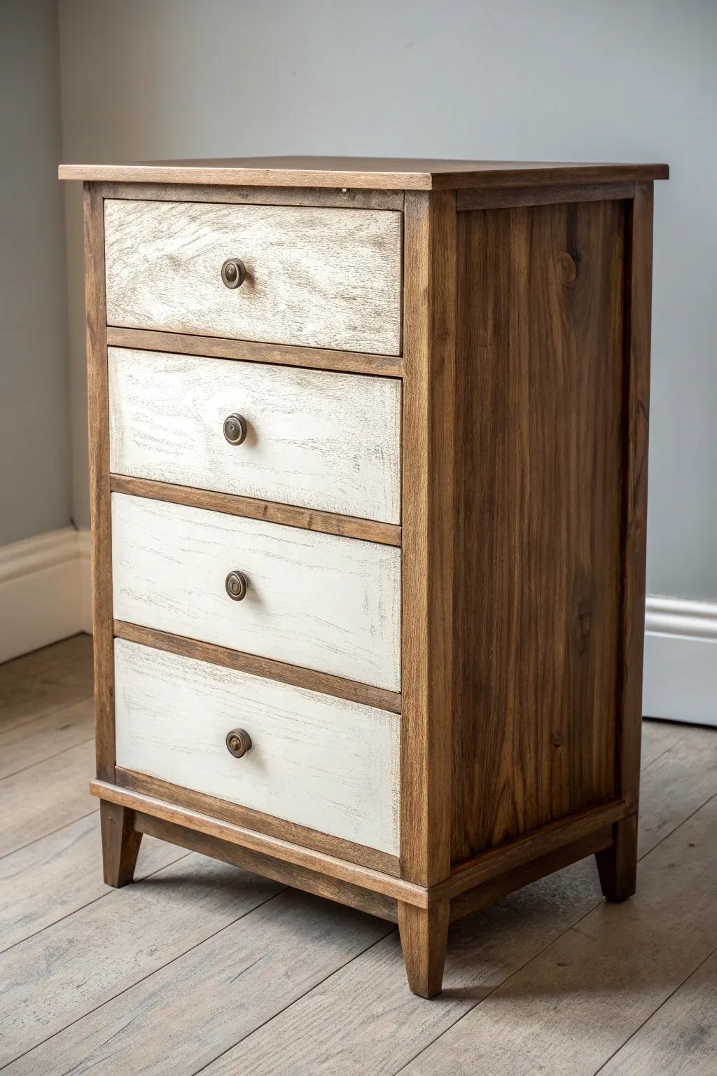 Two-tone chest: dark base with a soft whitewash for a naturally aged, streaky finish.