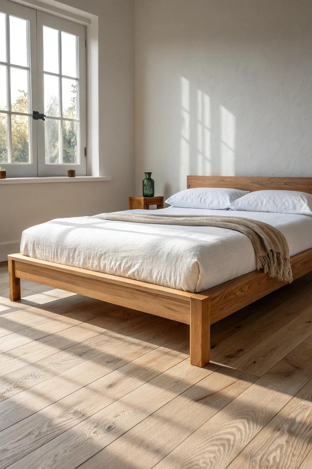 Warm oak platform bed frame—clean lines and a cozy finish for an instantly intentional bedroom.