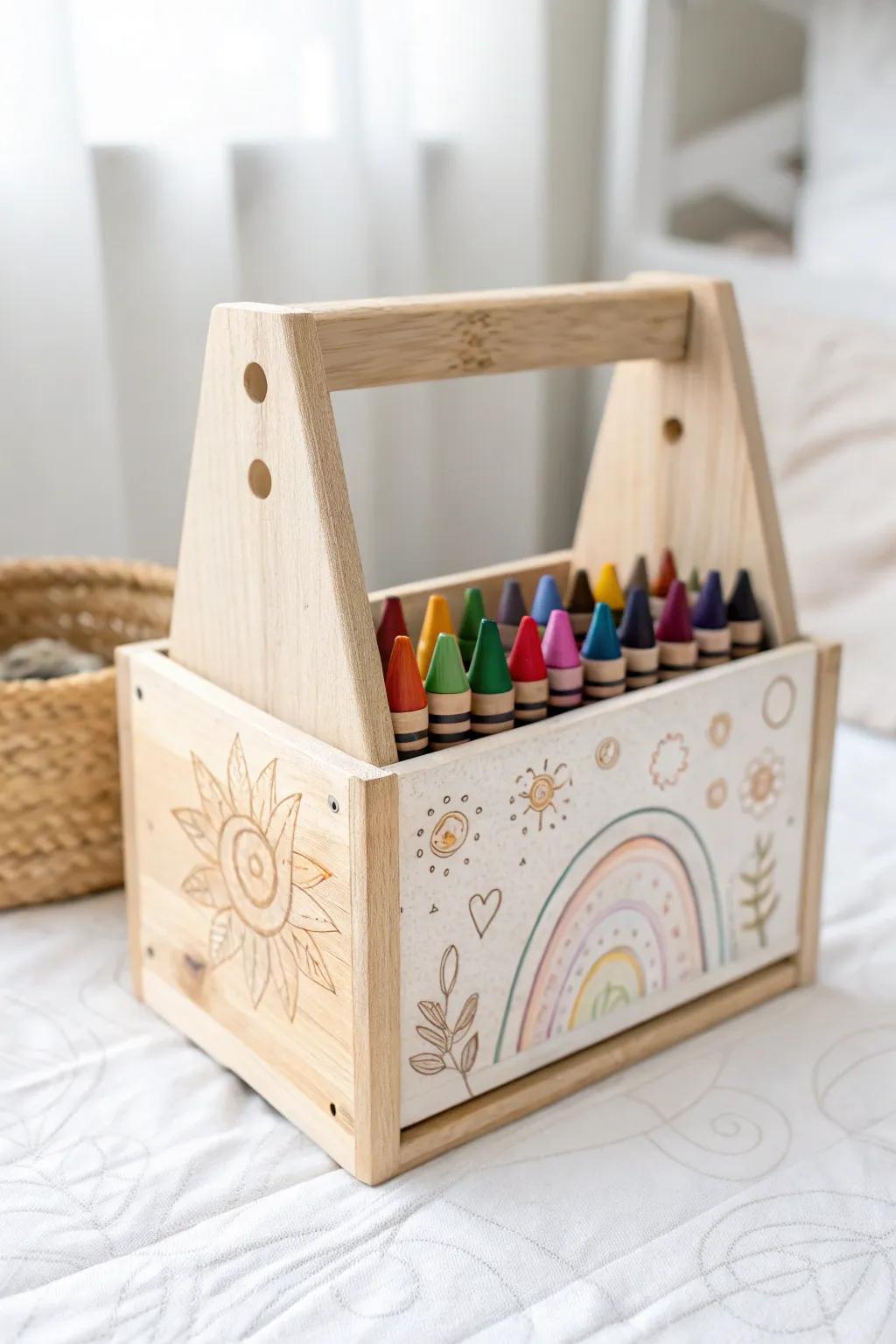Transform chaos into charm with a personalized wooden crate for crayon storage. A perfect blend of simplicity and creativity!