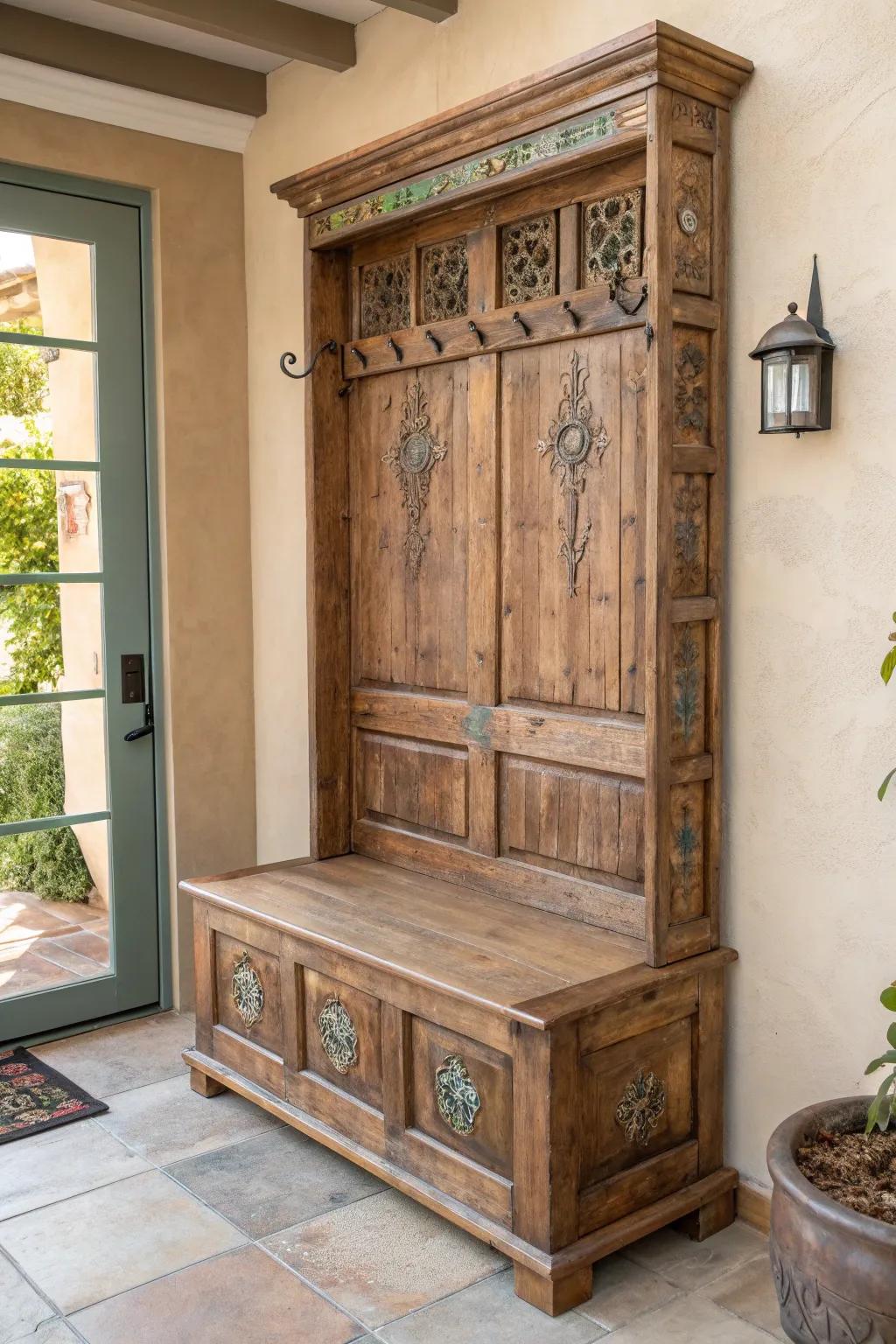 Transform your entryway with this charming antique door and bench combo, where craftsmanship meets cozy functionality.