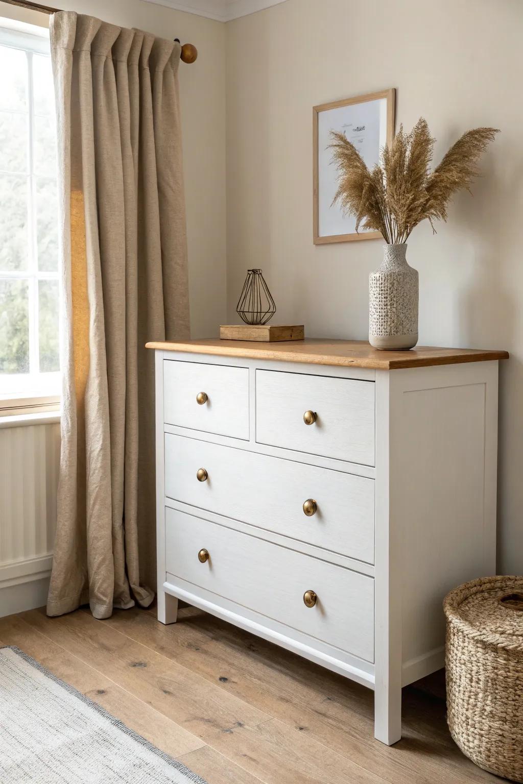Two-tone thrifted dresser makeover: matte white base + natural wood top for a custom look.