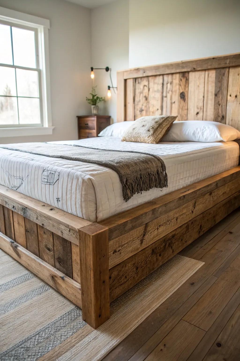 Transform your space with the rustic elegance of a reclaimed wood platform bed.