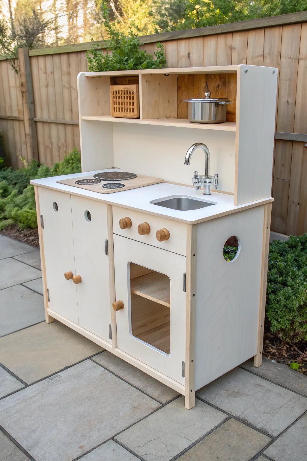 Clean-line plywood play kitchen with three bays—smooth sanded edges for a polished finish.