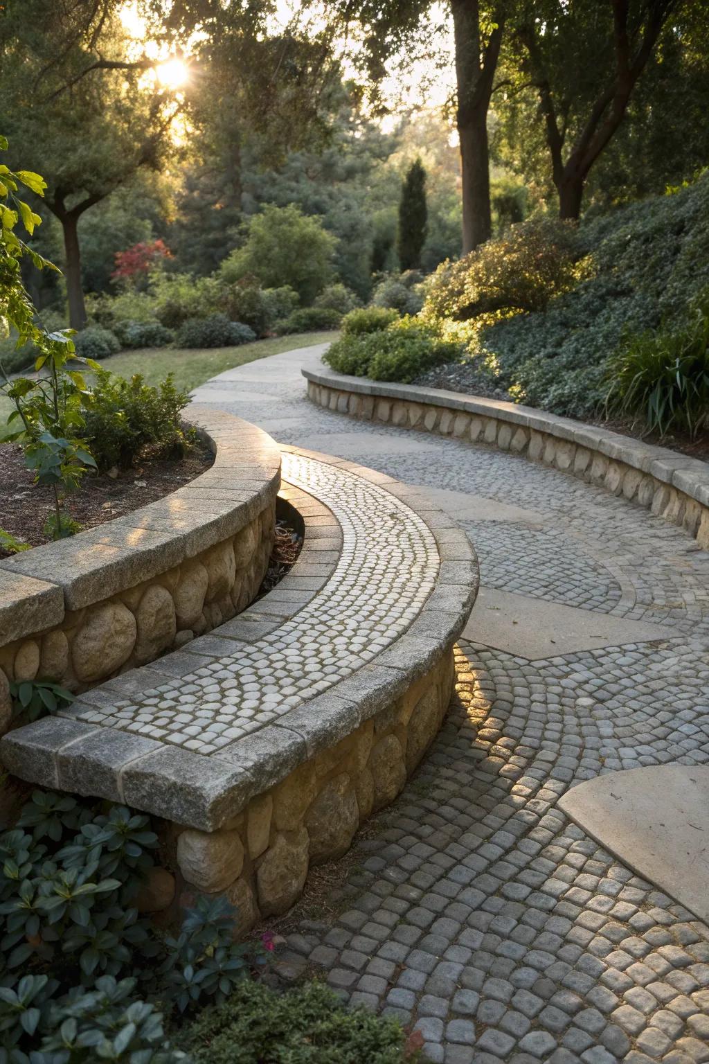 Embrace tranquility with this handcrafted curved stone bench, a perfect blend of nature and craftsmanship.