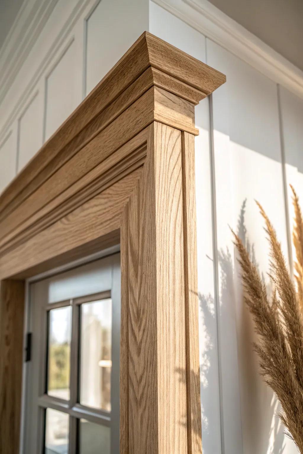 Chunky farmhouse header with a tiny overhang—simple detail, big doorway confidence.