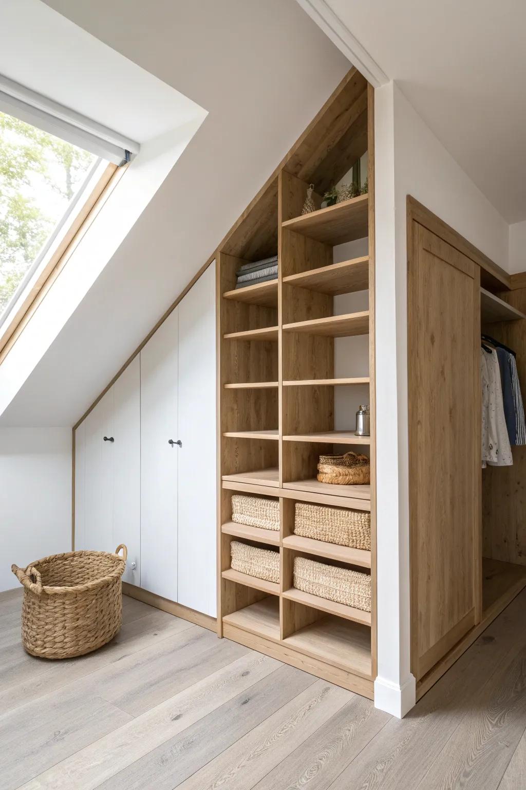 Turn a dormer into an eaves closet—adjustable oak shelves make every inch easy to reach.