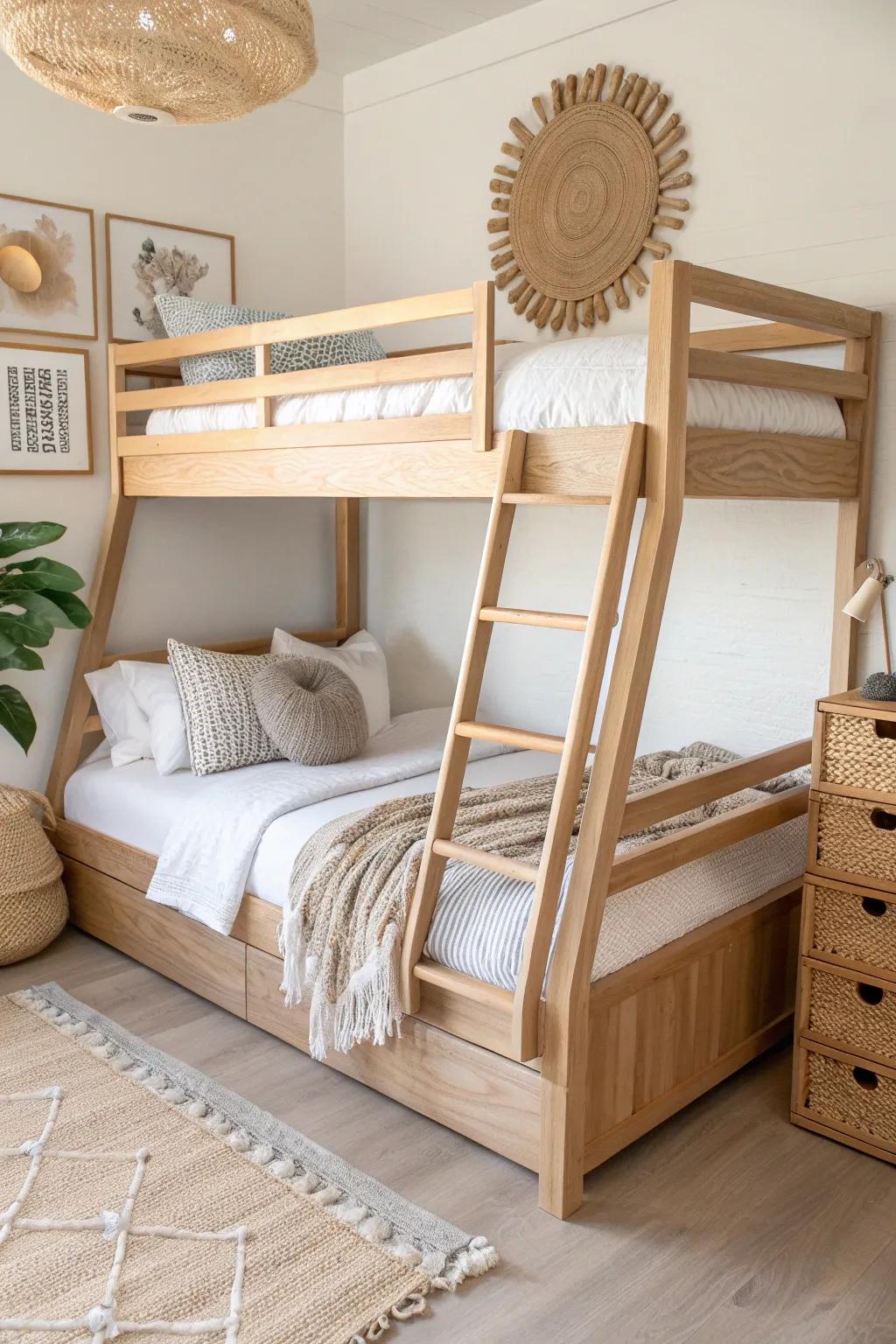 Twin-over-full bunk bed in light oak—minimal, boho-soft, and built for shared-room harmony.