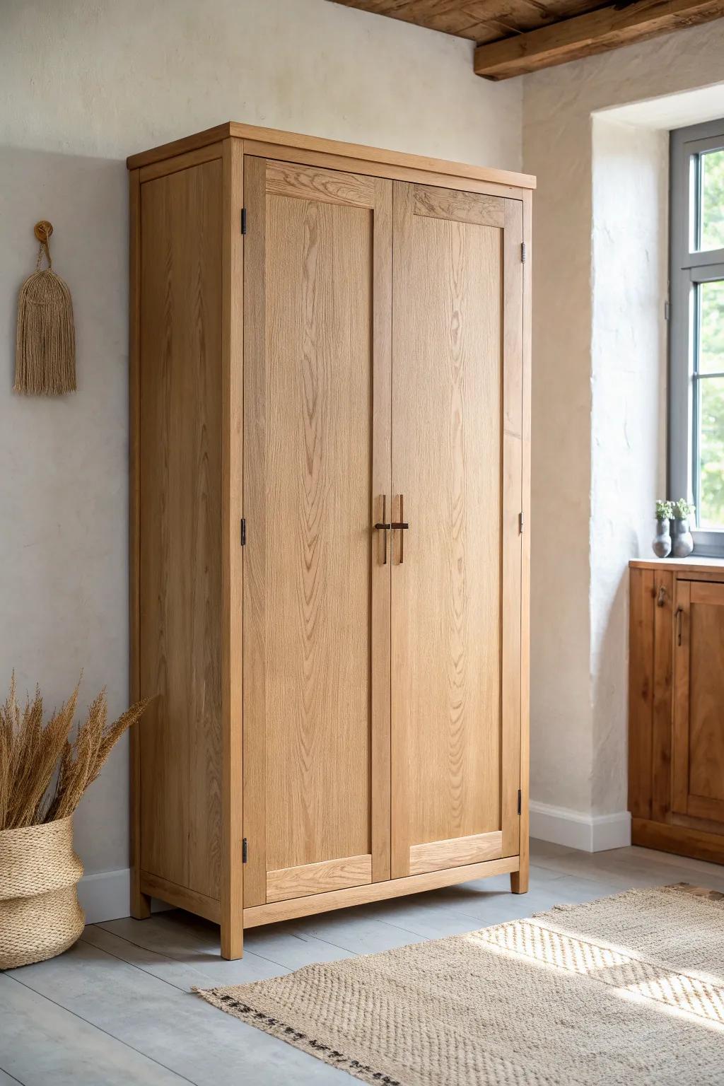 Clean solid wood double doors hide the chaos—calm pantry front with warm Scandinavian style.