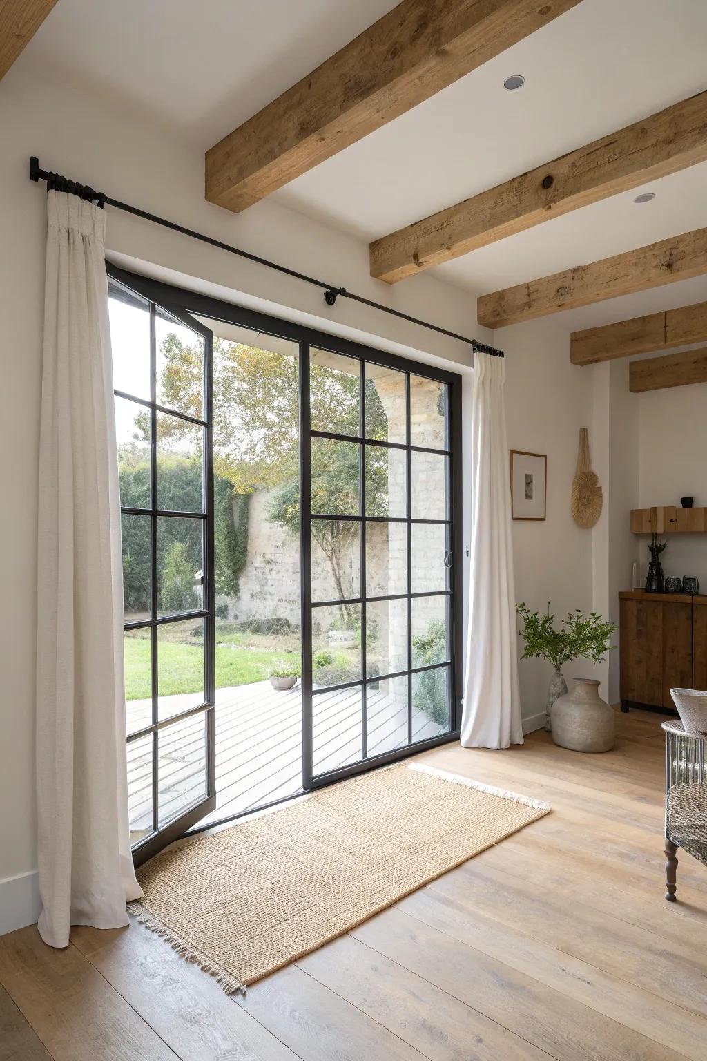 Turn a double garage into a bright living room with oversized glass doors and warm wood details.
