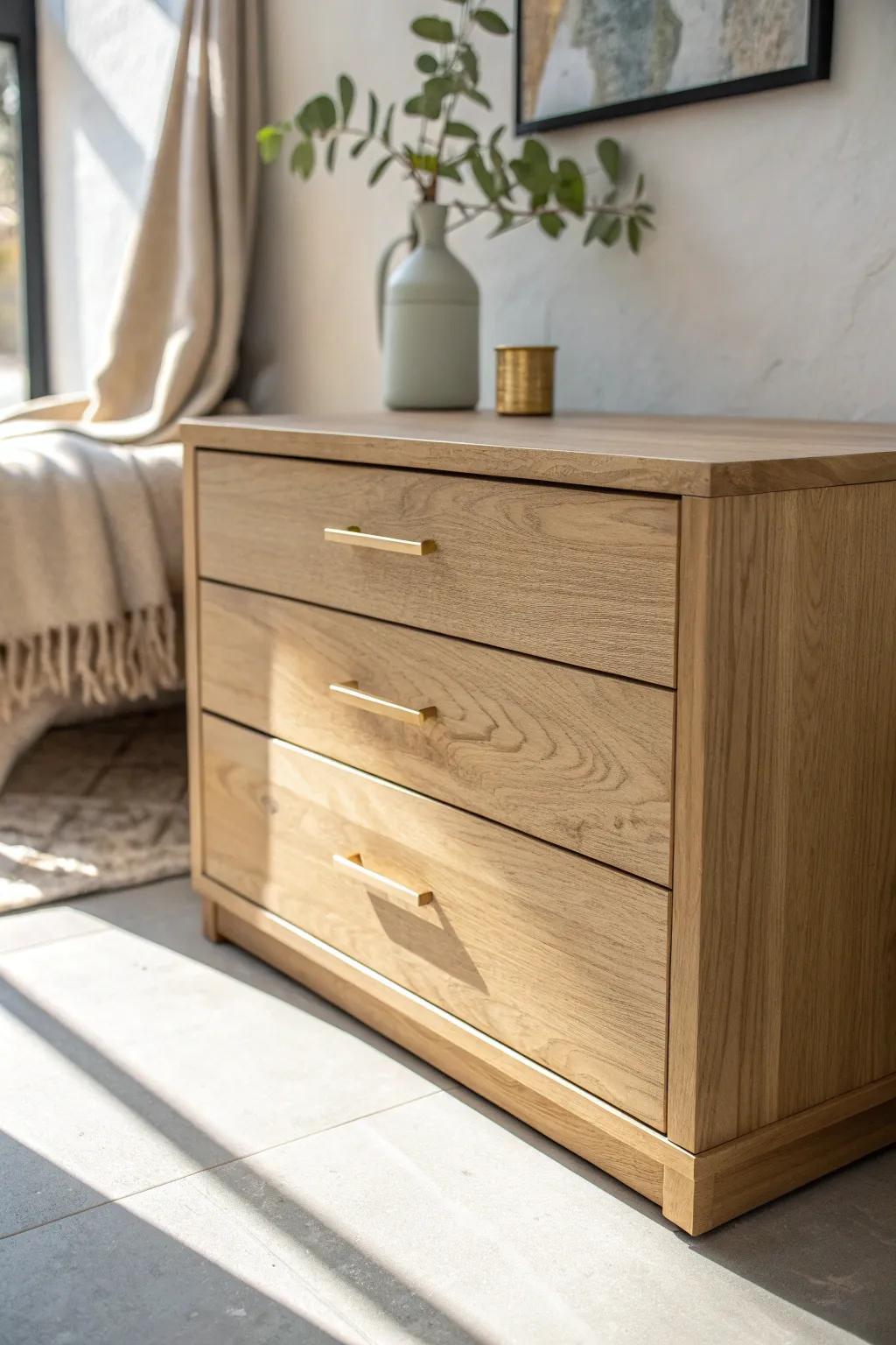 Flat slab oak drawer front with a softly eased edge and brass pull—clean, modern, timeless.