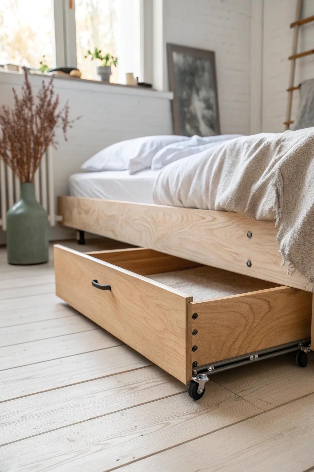 DIY under-bed rolling drawer—sleek plywood storage that keeps your bedroom airy and open.