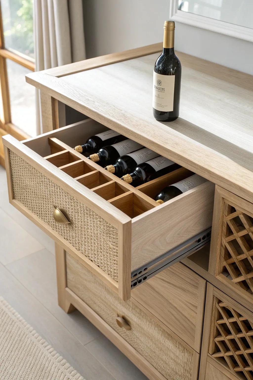 Swap a drawer for an X-style wine rack insert—instant dresser bar vibes with clean, crafted style.