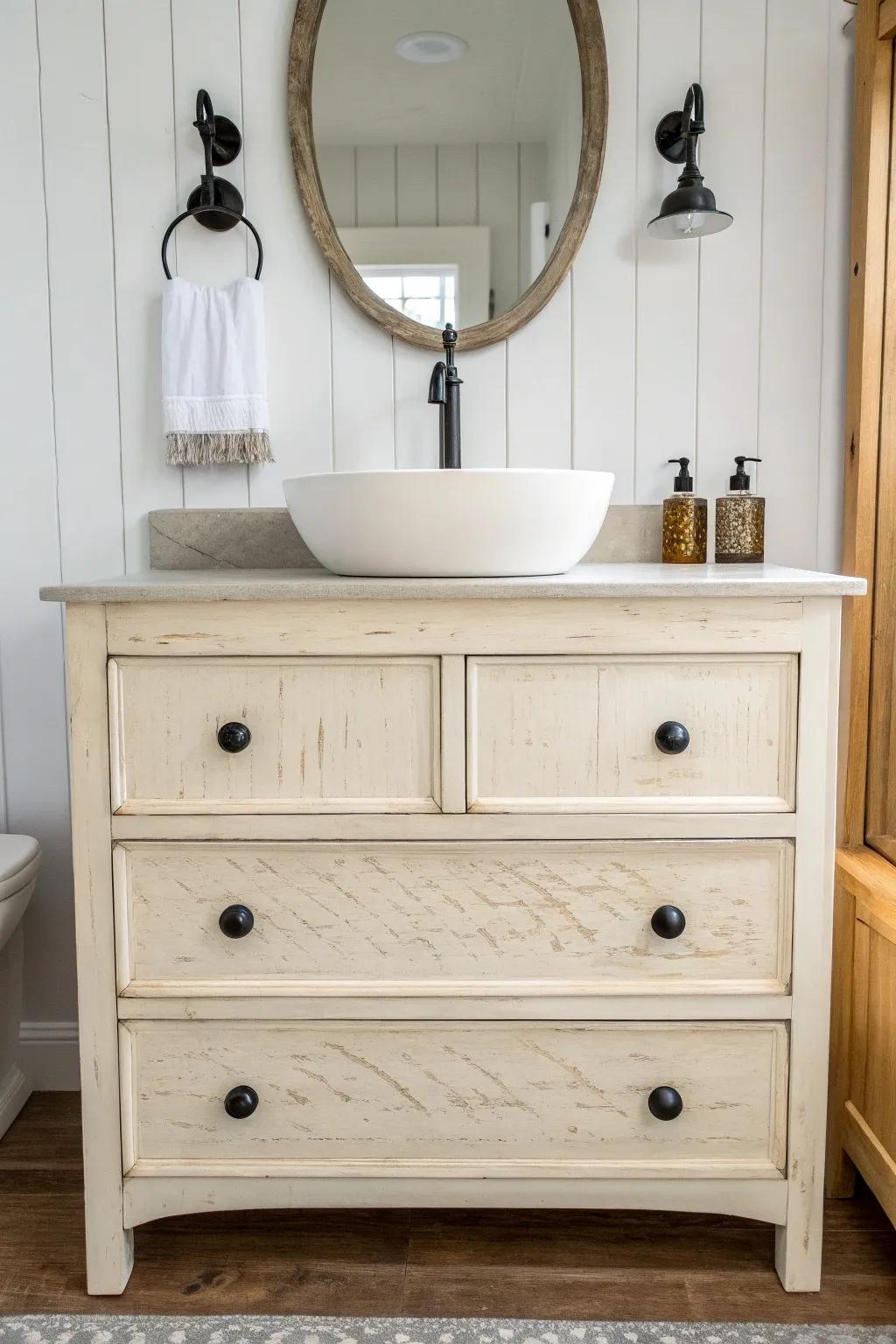 Painted farmhouse dresser vanity with chunky black pulls—soft texture that hides daily wear.