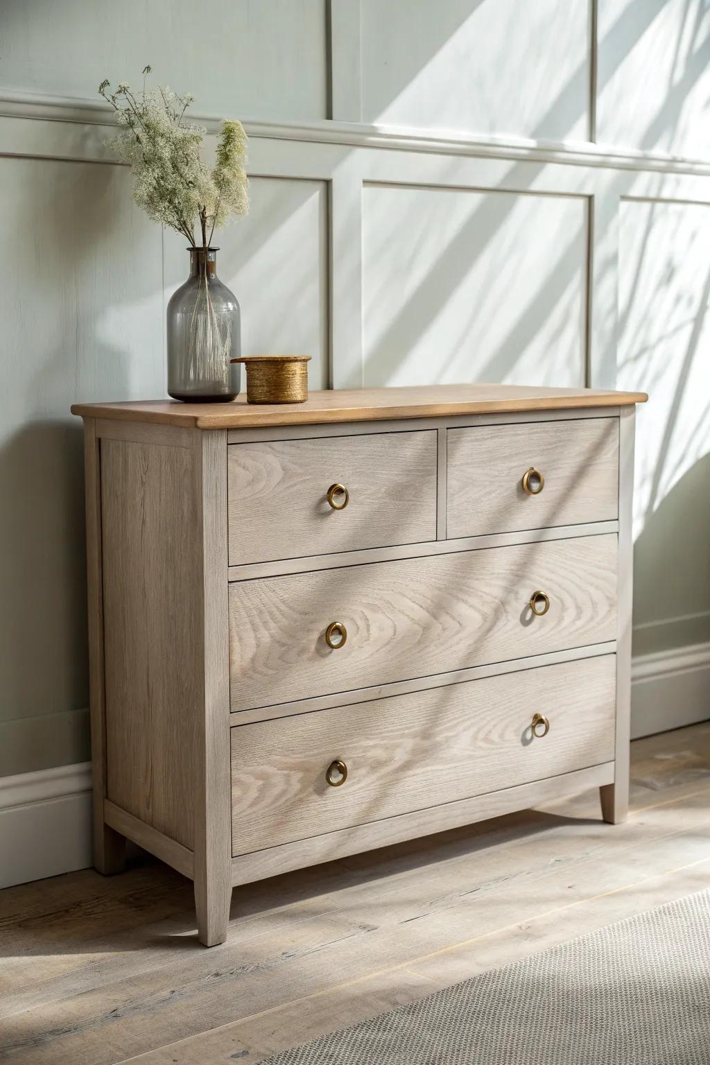 Warm greige dresser: cozy farmhouse calm with clean Scandinavian lines and a custom look.