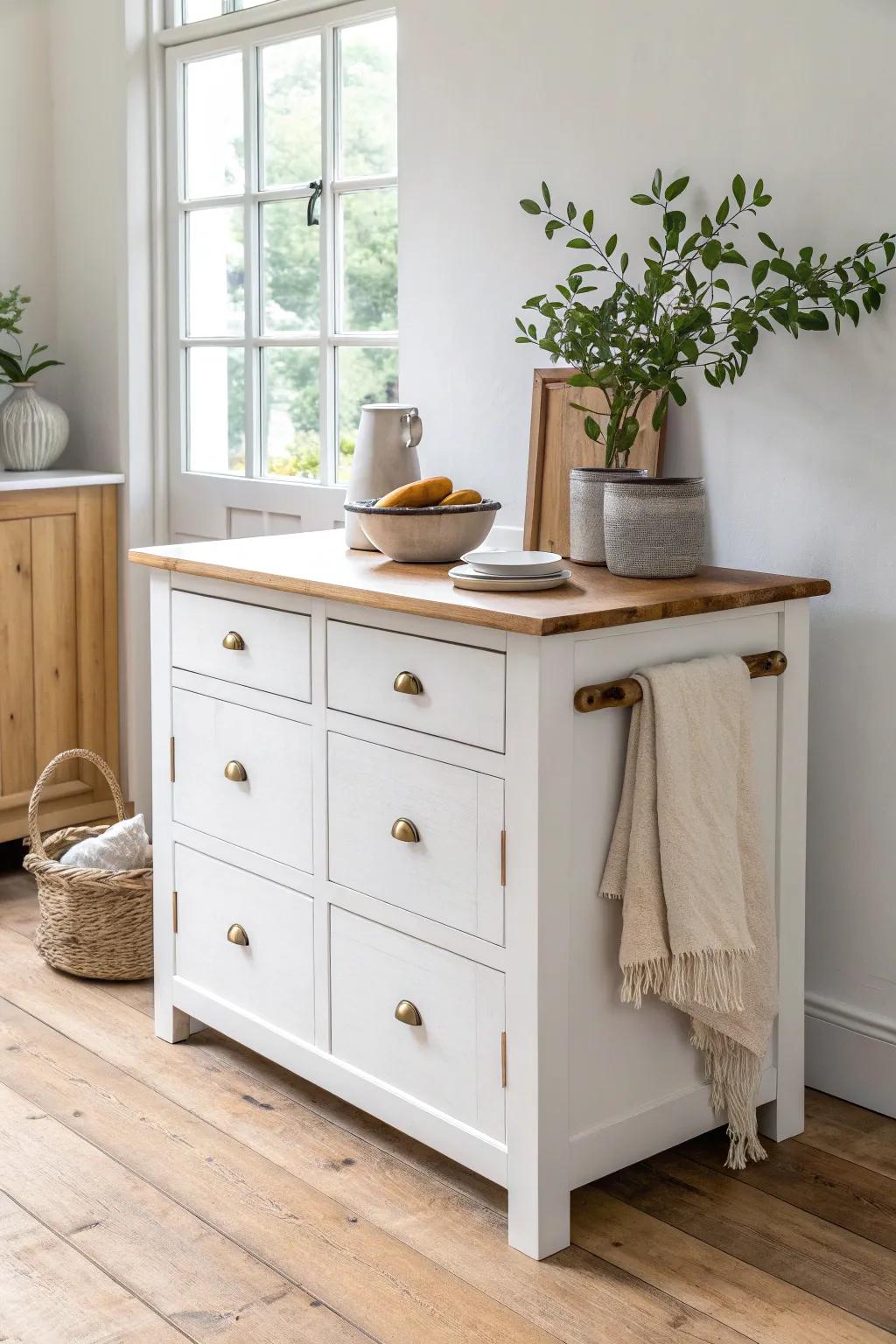 Two-tone dresser island: painted base + sealed natural wood top for everyday kitchen prep.