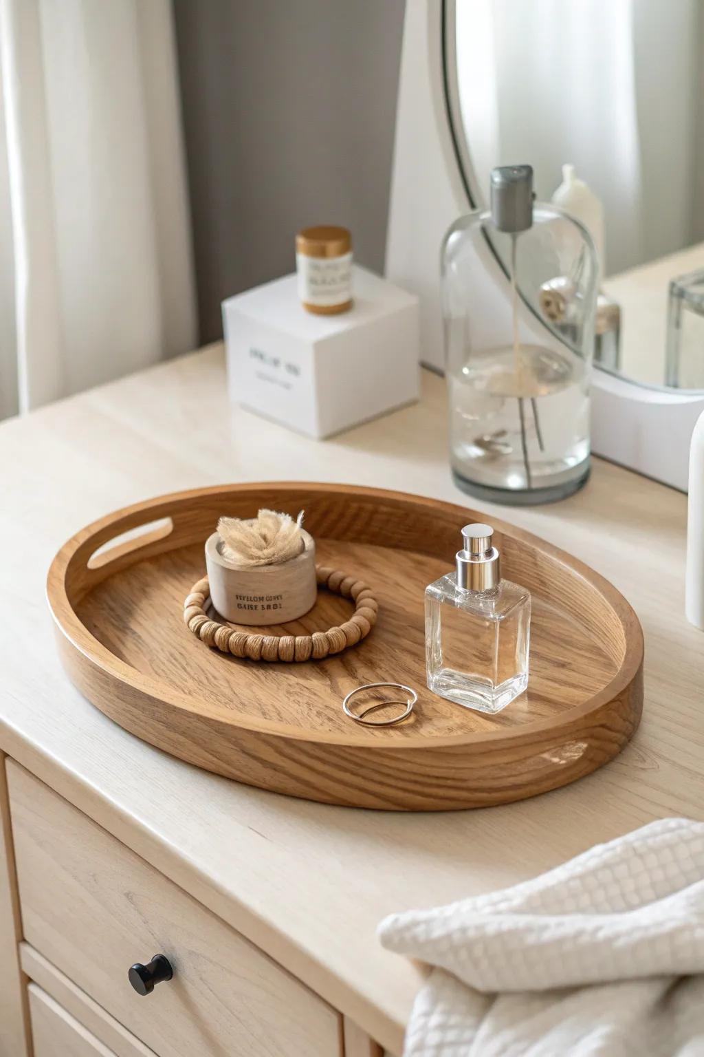 A simple wood tray keeps dresser essentials polished, intentional, and clutter-free.