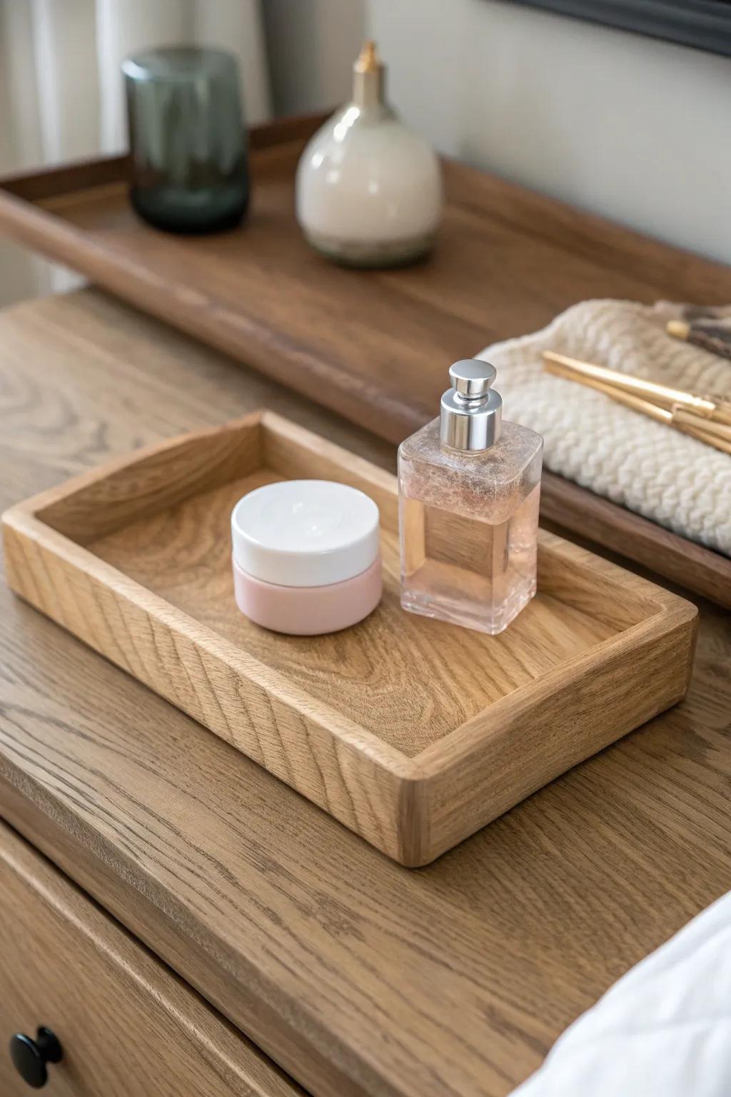 A pretty wooden tray keeps perfume and skincare curated—minimal, calm, and effortlessly chic.