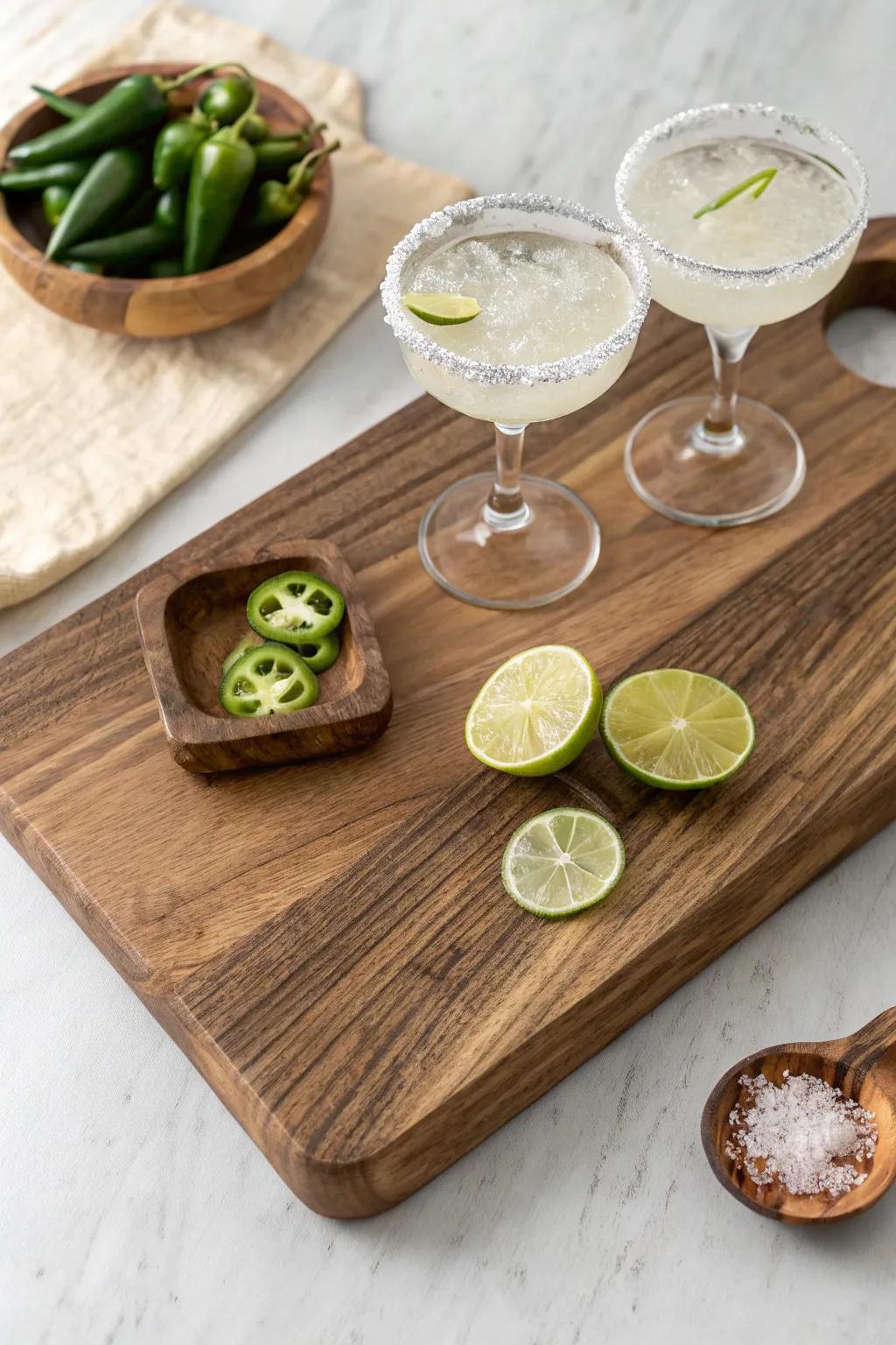 Build-your-own margarita board with lime wedges, chili-lime salt rim dish, and jalapeños.