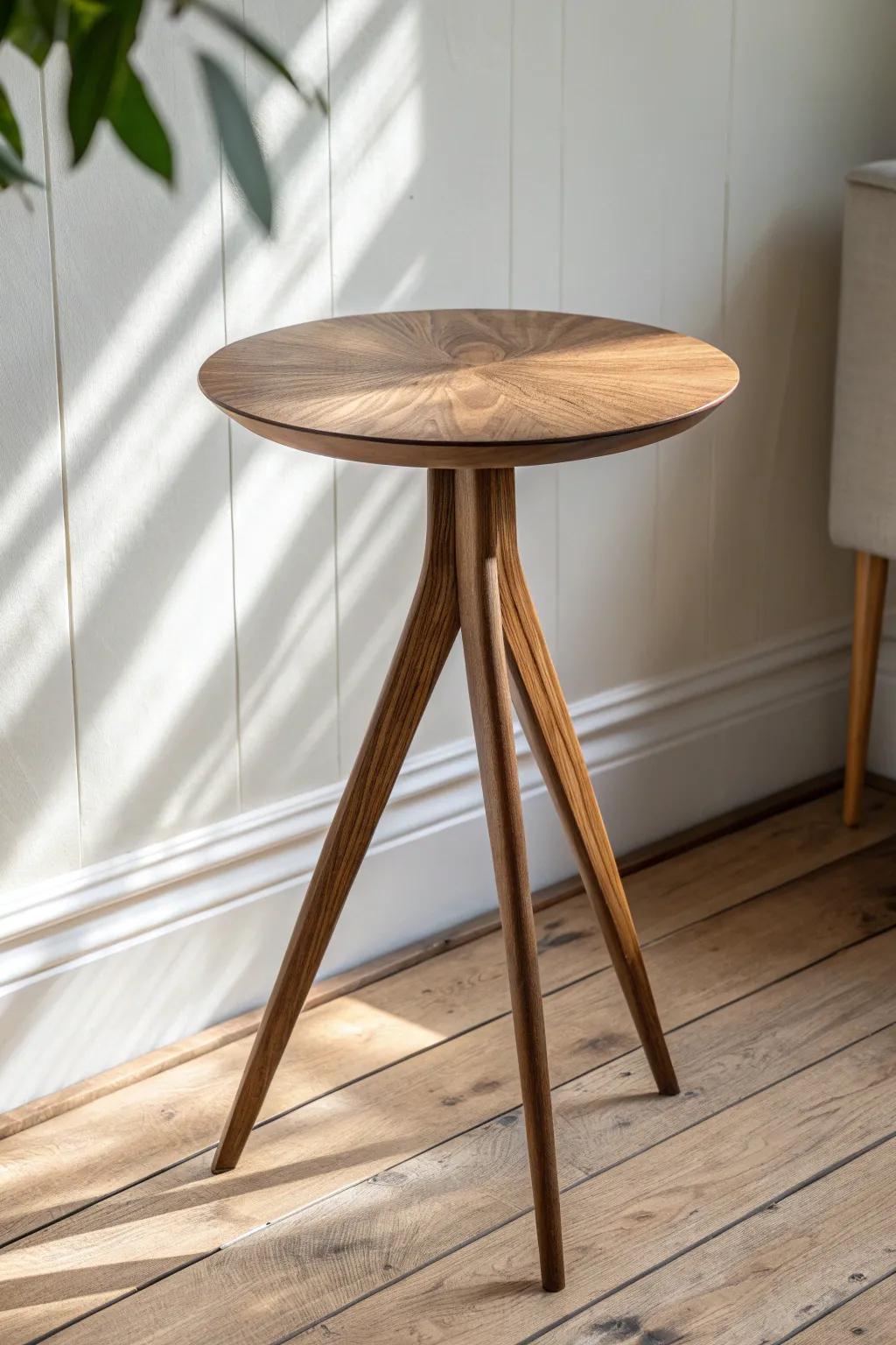 Slim tripod mini drink stand—tiny footprint, rock-solid perch for coffee by your chair.