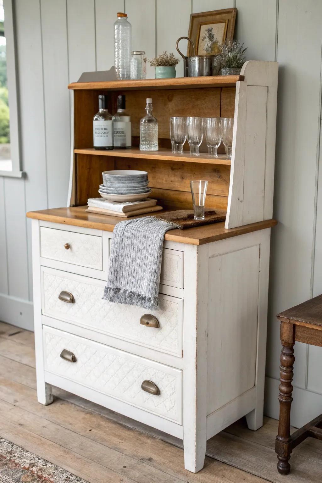 Vintage dresser turned drinks table—oak shelf, worn paint patina, and effortless farmhouse charm.