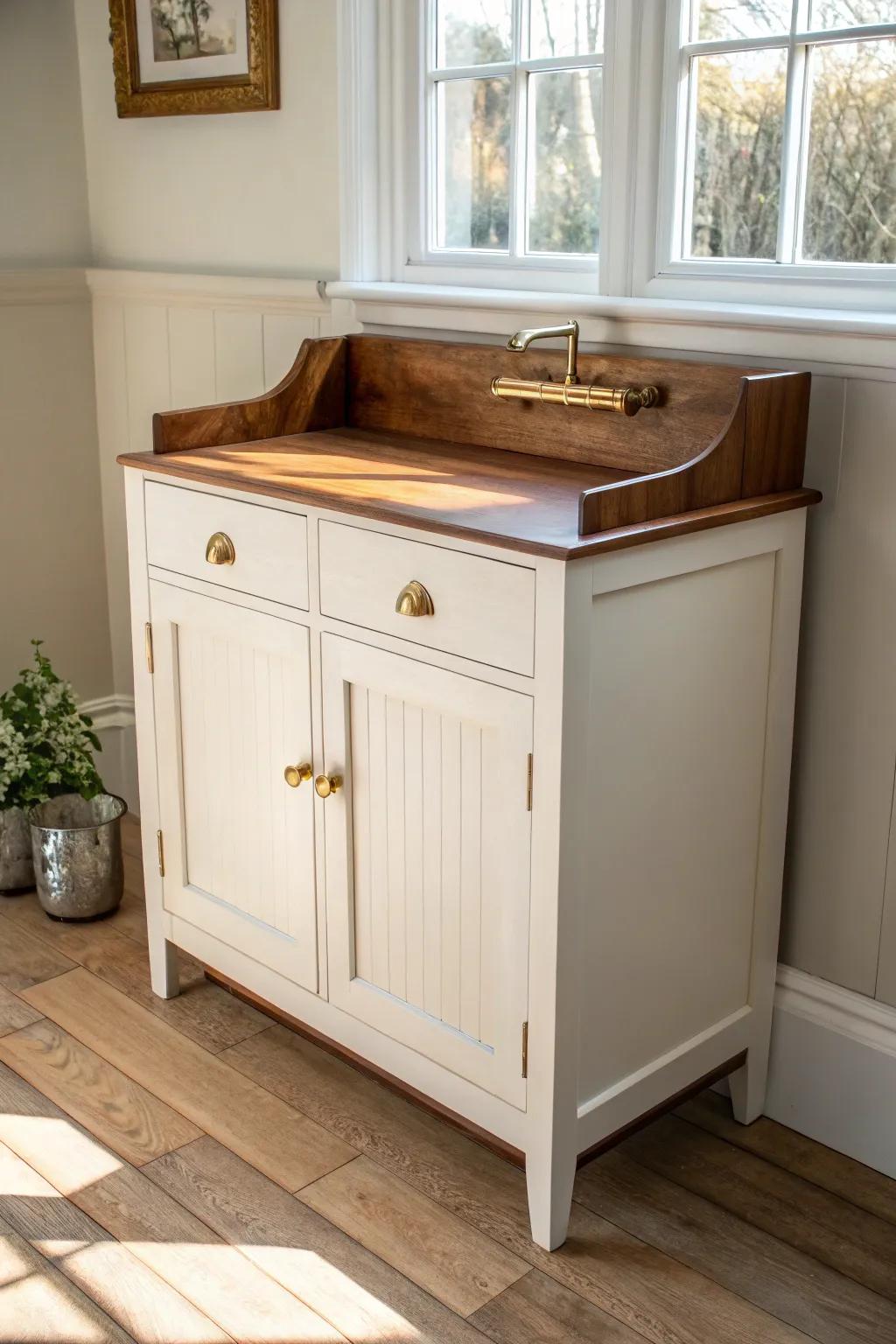 Two-tone dry sink bar makeover: warm stained wood top + crisp painted base for modern charm.
