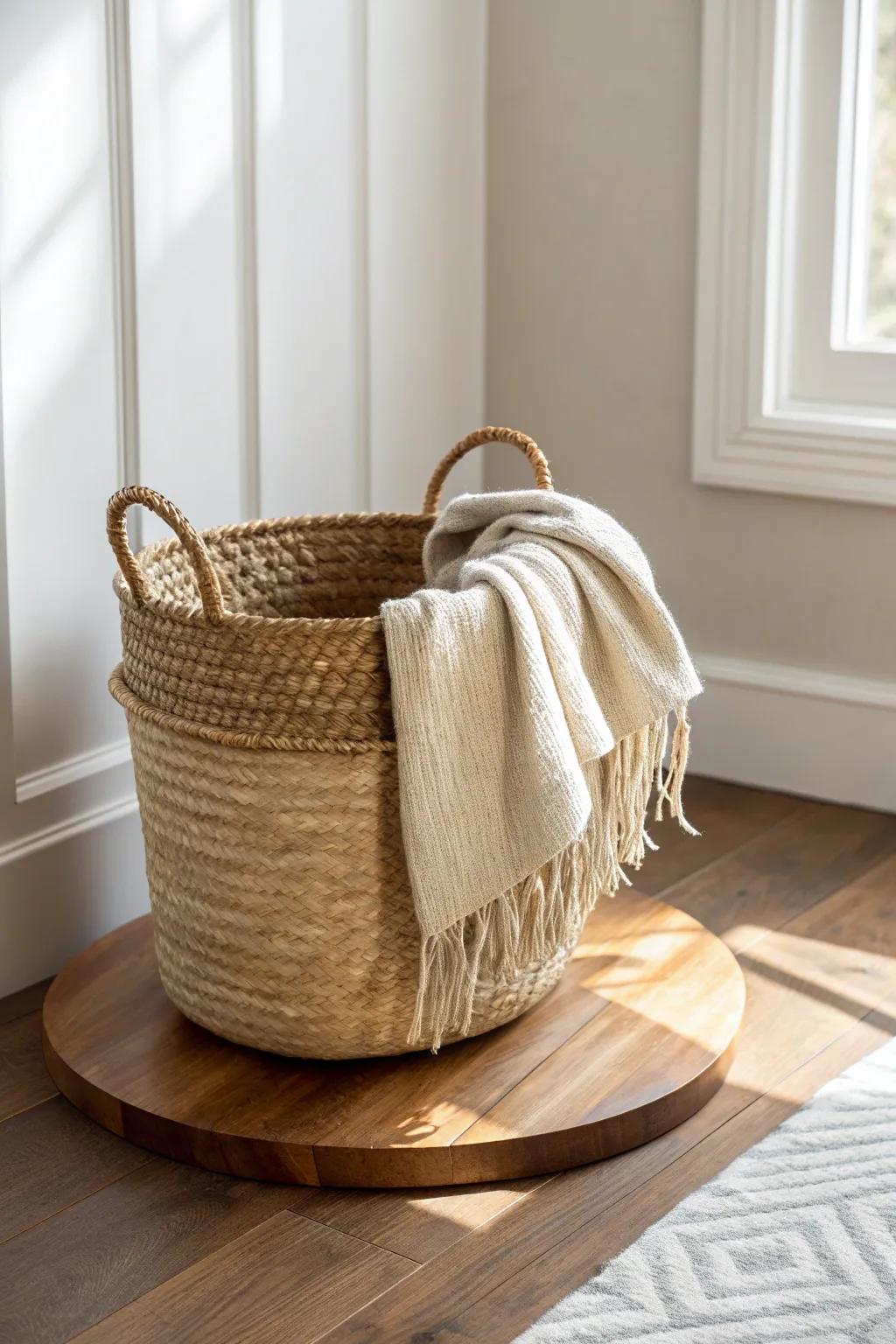 Woven basket + handcrafted wood base—an earthy way to stash throws with style, everyday.