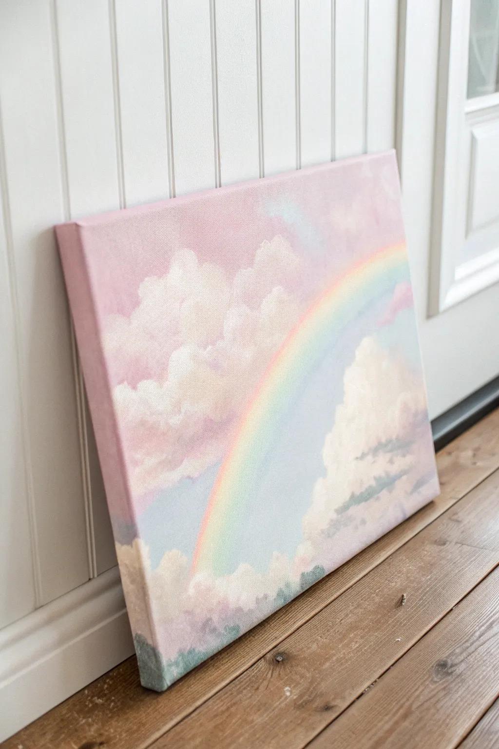 Embrace serenity with pastel dream clouds and a vibrant rainbow—a perfect touch for your nursery's tranquil escape.