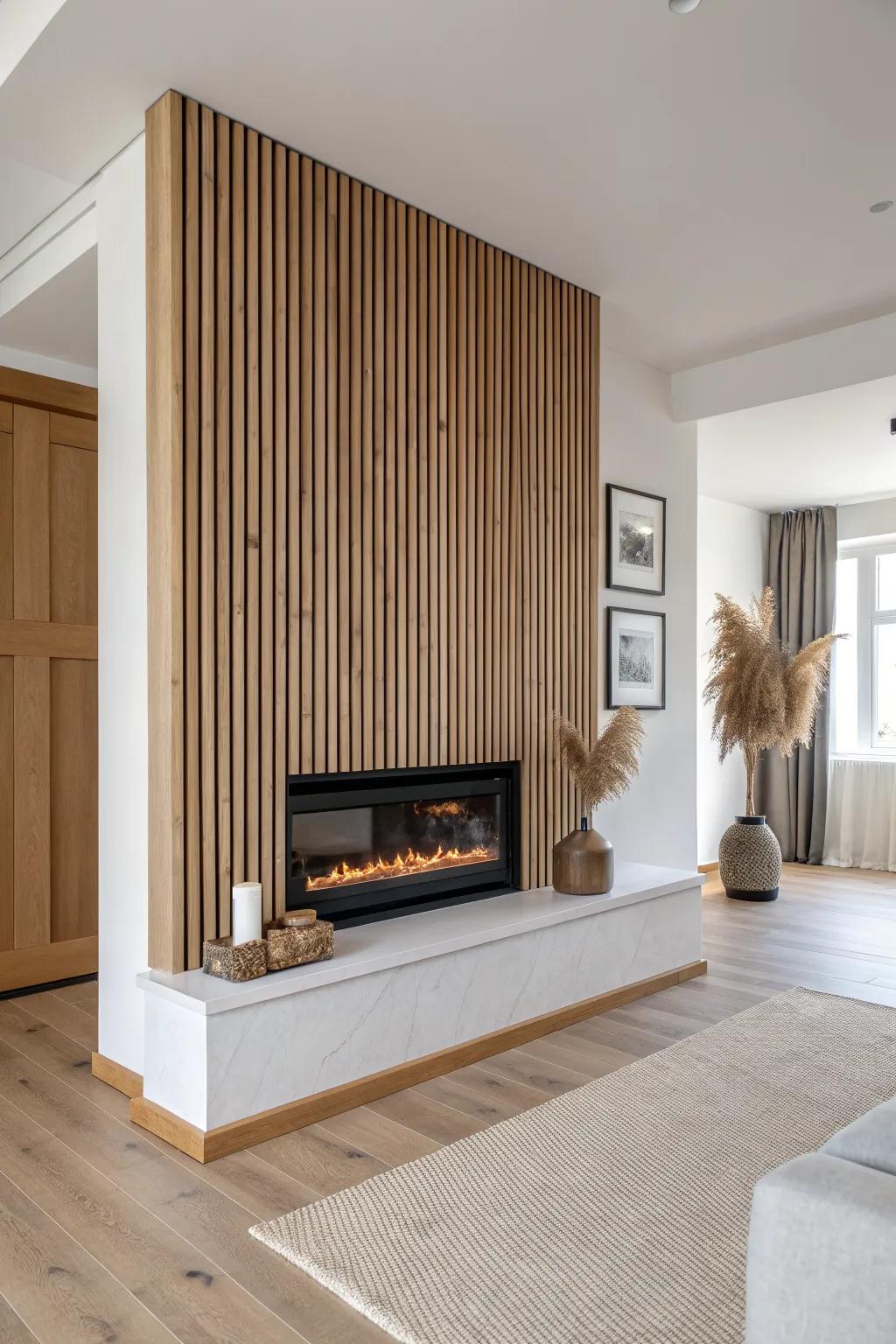 Vertical oak slats + a sleek electric fireplace for a warm, modern accent wall moment.