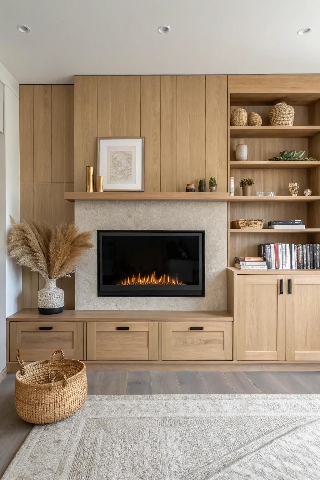 Symmetrical oak built-ins framing an electric fireplace for a calm, clutter-free living room.