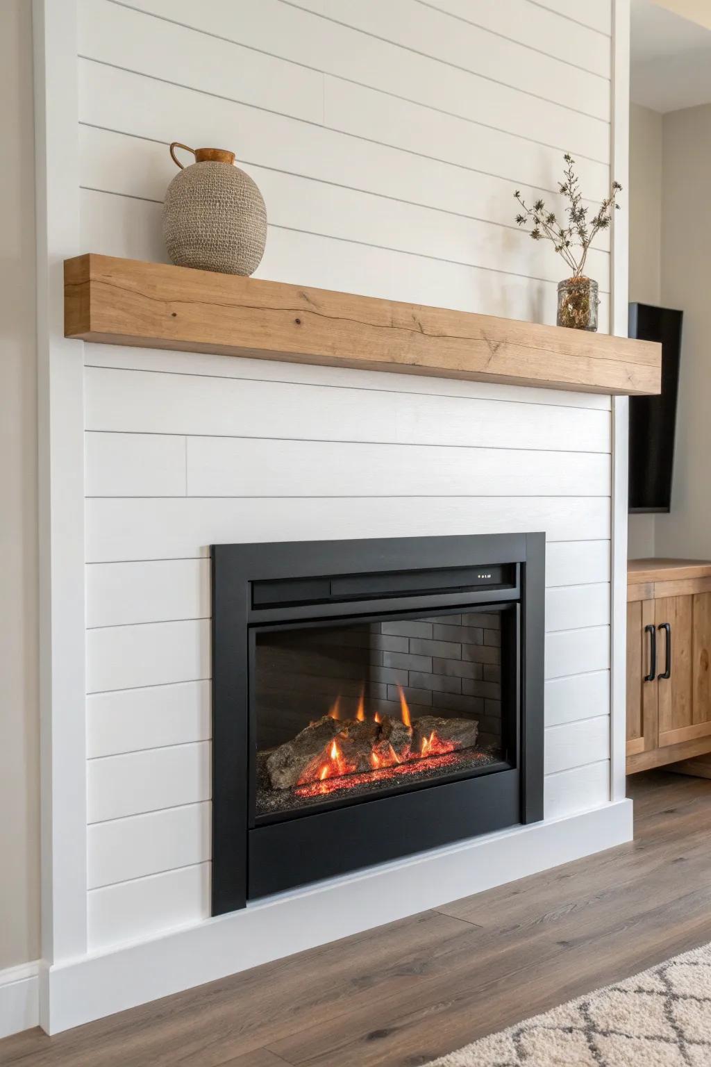 Bright shiplap + slim oak shelf mantel turns an electric fireplace into a warm focal point.