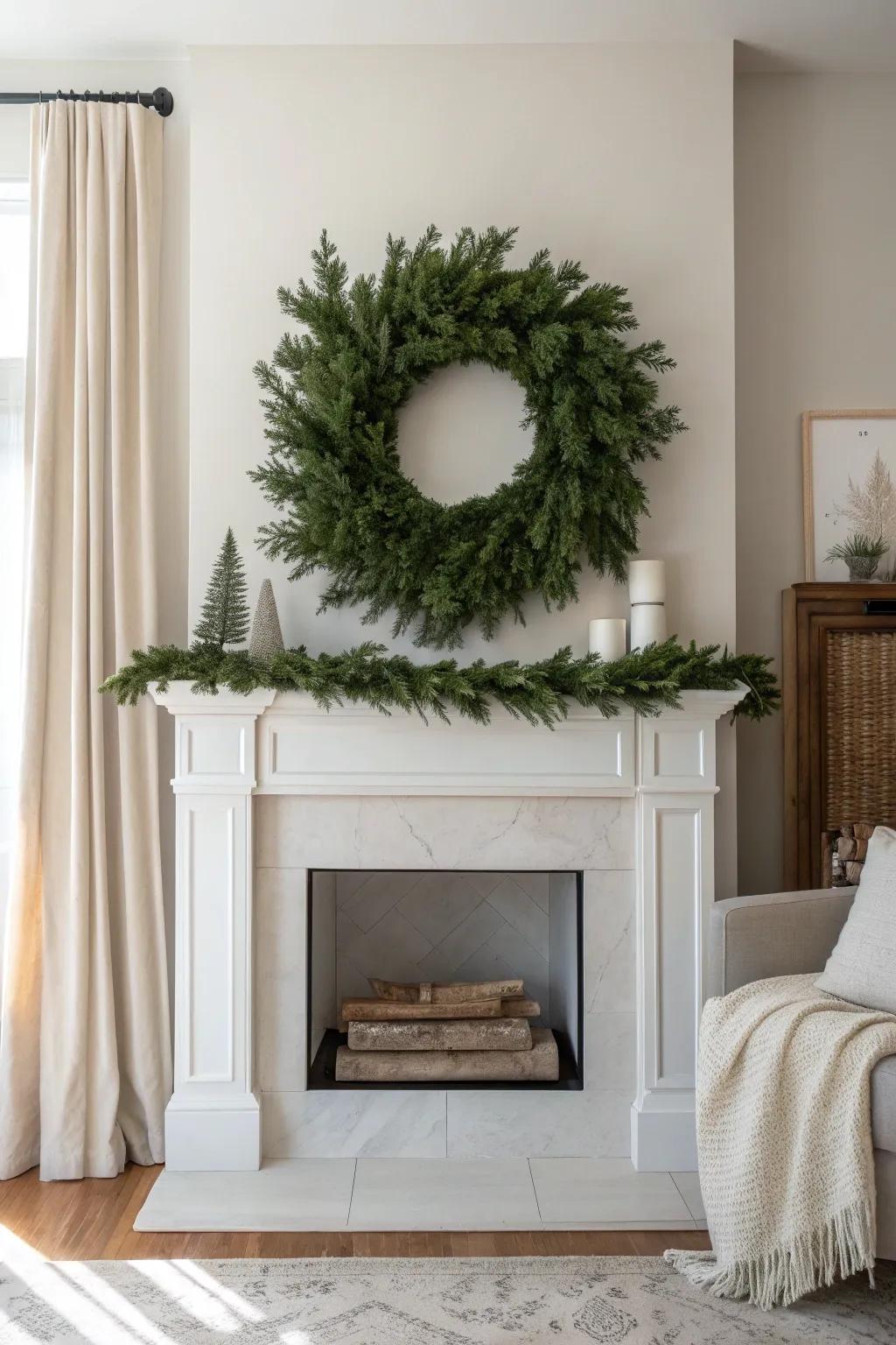 A floating evergreen wreath centered above a clean mantel for effortless Christmas elegance.