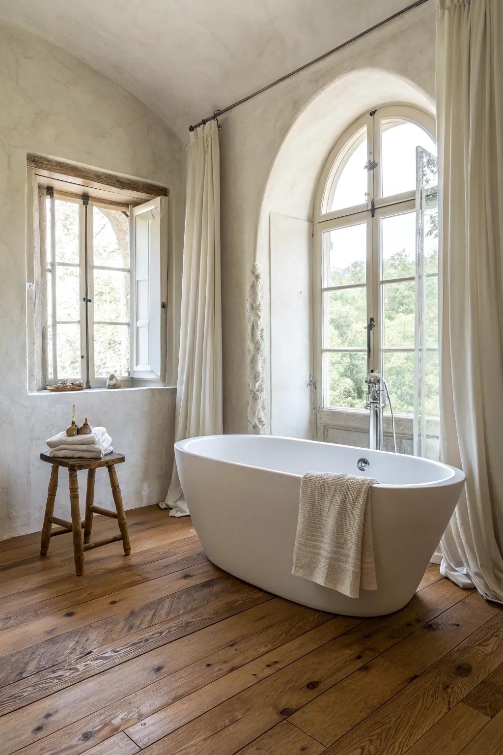 A freestanding tub paired with a rustic wood stool—French country calm with spa-like simplicity.