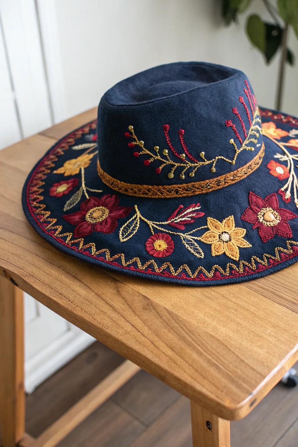 Add a splash of color to your style with vibrant embroidery on dark hats, blending minimalist elegance with boho charm.