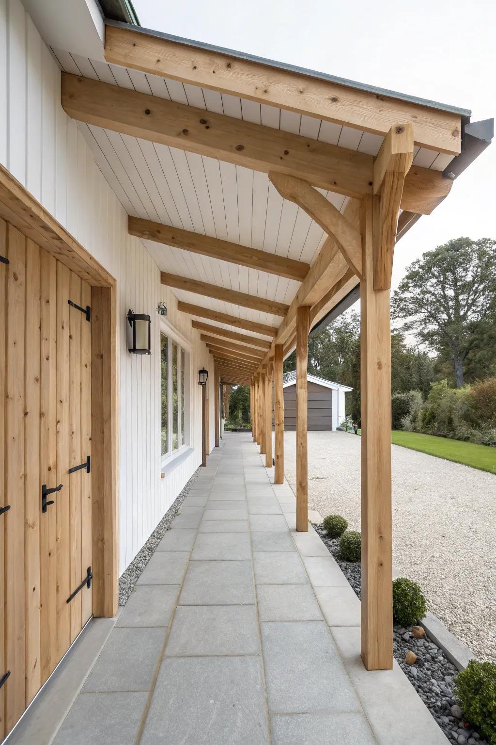 Clean shed-roof connector in stained timber—minimal lines, warm wood, and modern shelter.