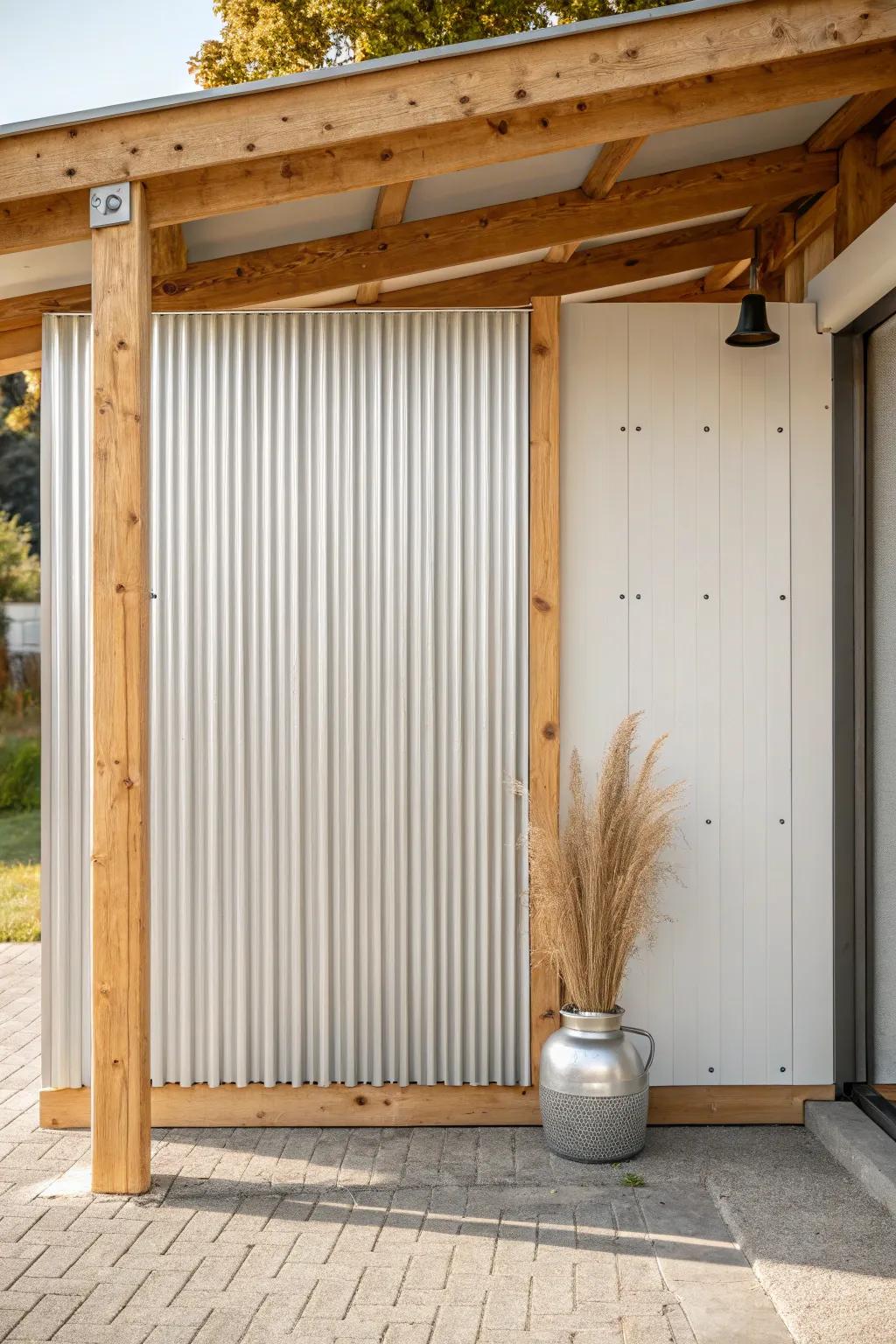 Corrugated metal + warm wood framing for a tough, tidy carport enclosure—modern and cozy.